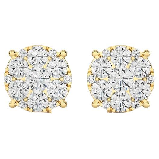 Moonlight Round Cluster Stud Earrings: 1.9 Carat Diamonds in 14k Yellow Gold For Sale