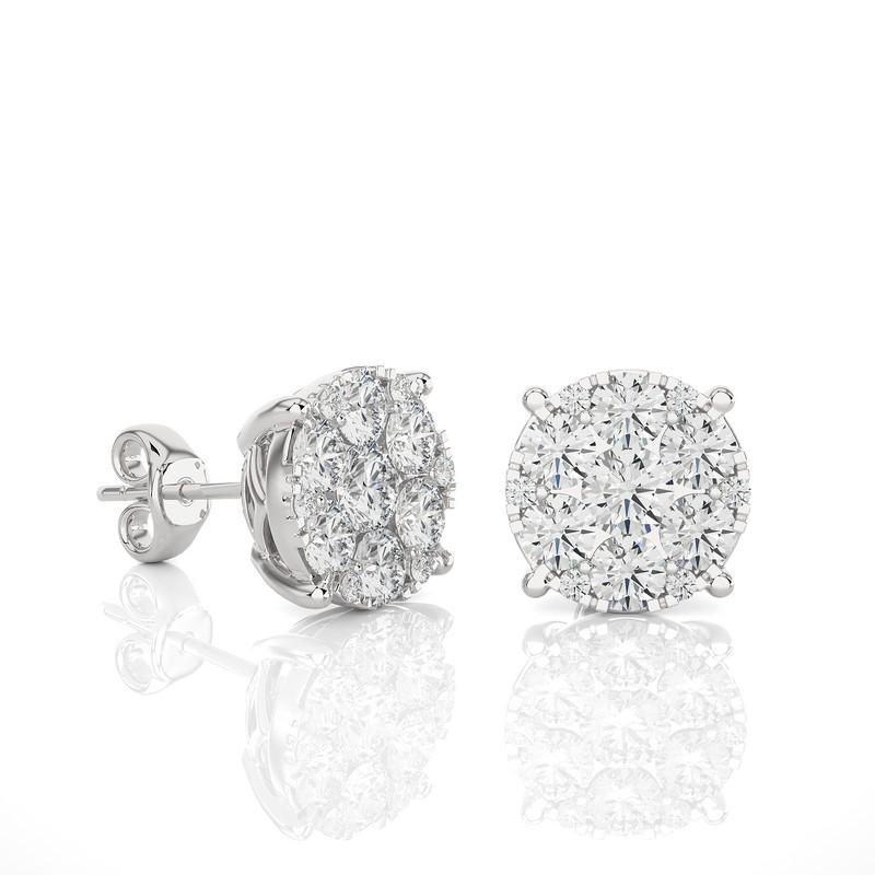 Carat Weight: These exquisite stud earrings boast a total carat weight of 1.9 carats, promising a delicate yet captivating sparkle.

Diamonds: Each earring features a meticulous arrangement of 26 excellent round diamonds, selected for their