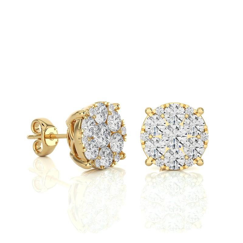 Modern Moonlight Round Cluster Stud Earrings: 1.9 Carat Diamonds in 18k Yellow Gold For Sale