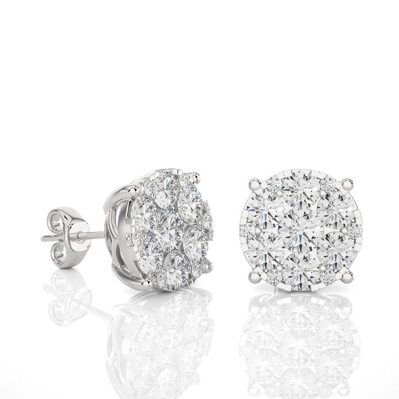 Modern Moonlight Round Cluster Stud Earrings: 2.3 Carat Diamonds in 14k White Gold For Sale