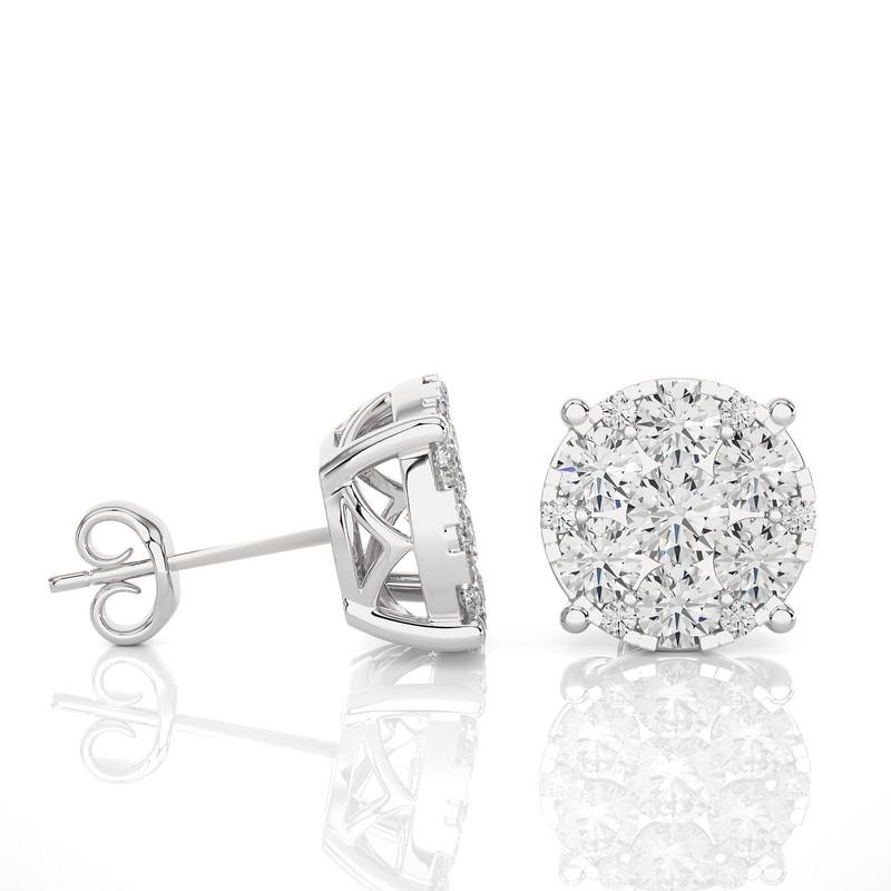 Round Cut Moonlight Round Cluster Stud Earrings: 2.3 Carat Diamonds in 14k White Gold For Sale
