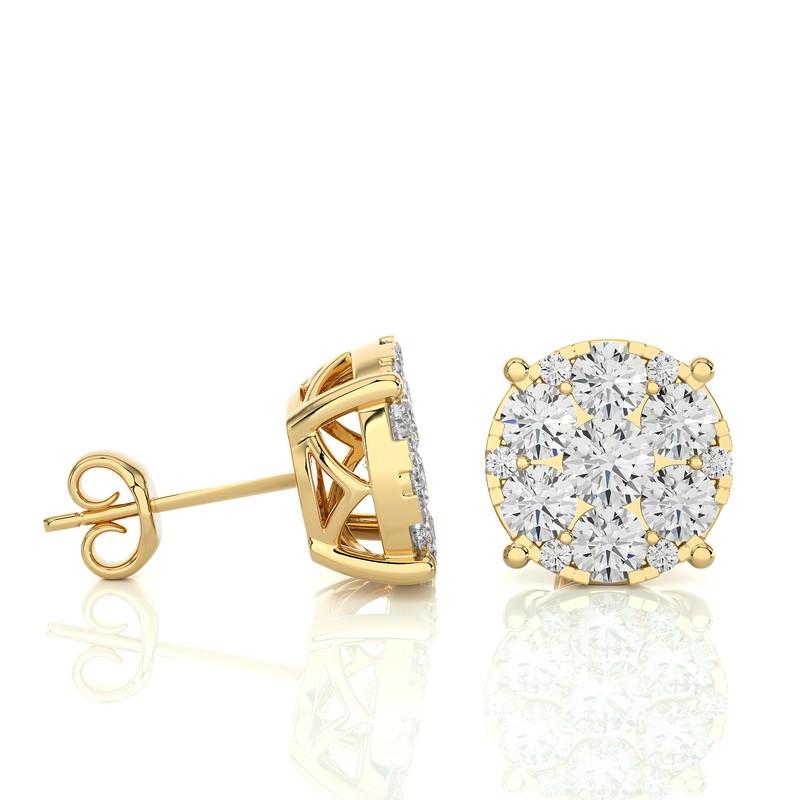 Modern Moonlight Round Cluster Stud Earrings: 2.3 Carat Diamonds in 14k Yellow Gold For Sale