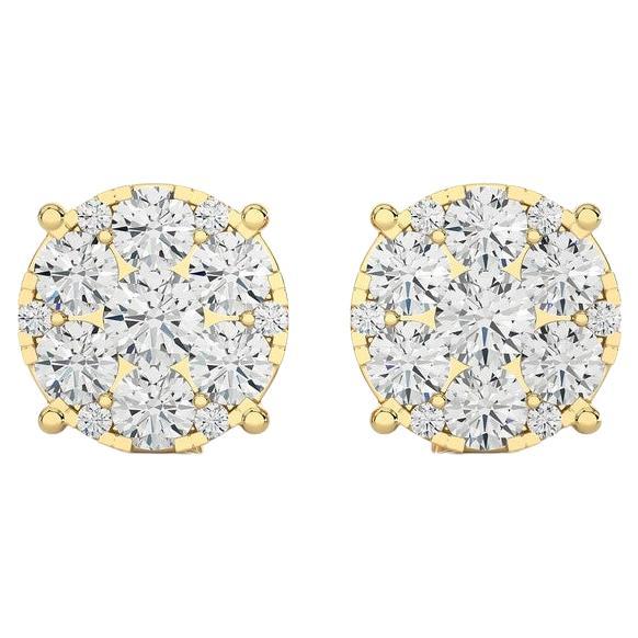 Moonlight Round Cluster Stud Earrings: 2.3 Carat Diamonds in 14k Yellow Gold For Sale