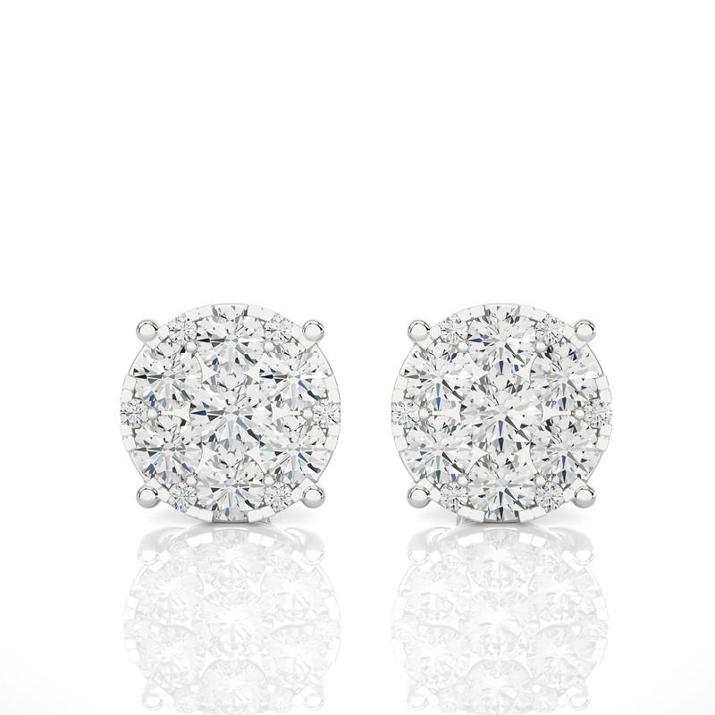 Round Cut Moonlight Round Cluster Stud Earrings: 2.3 Carat Diamonds in 18k White Gold For Sale