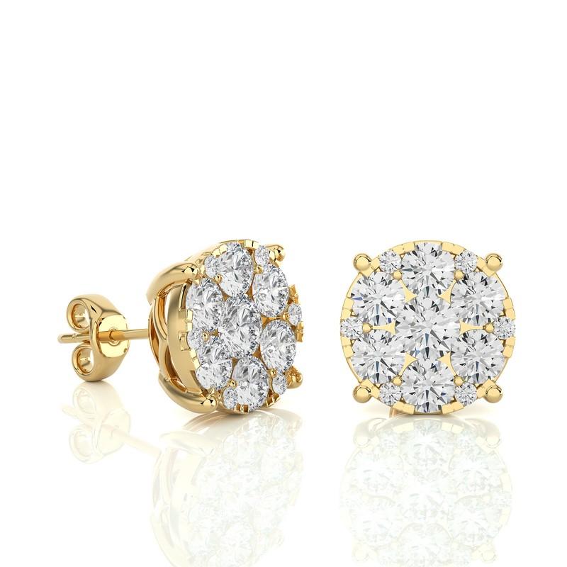 Carat Weight: These exquisite stud earrings boast a total carat weight of 2.3 carats, promising a delicate yet captivating sparkle.

Diamonds: Each earring features a meticulous arrangement of 26 excellent round diamonds, selected for their