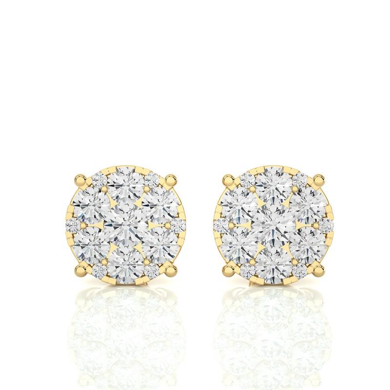 Round Cut Moonlight Round Cluster Stud Earrings: 2.3 Carat Diamonds in 18k Yellow Gold For Sale