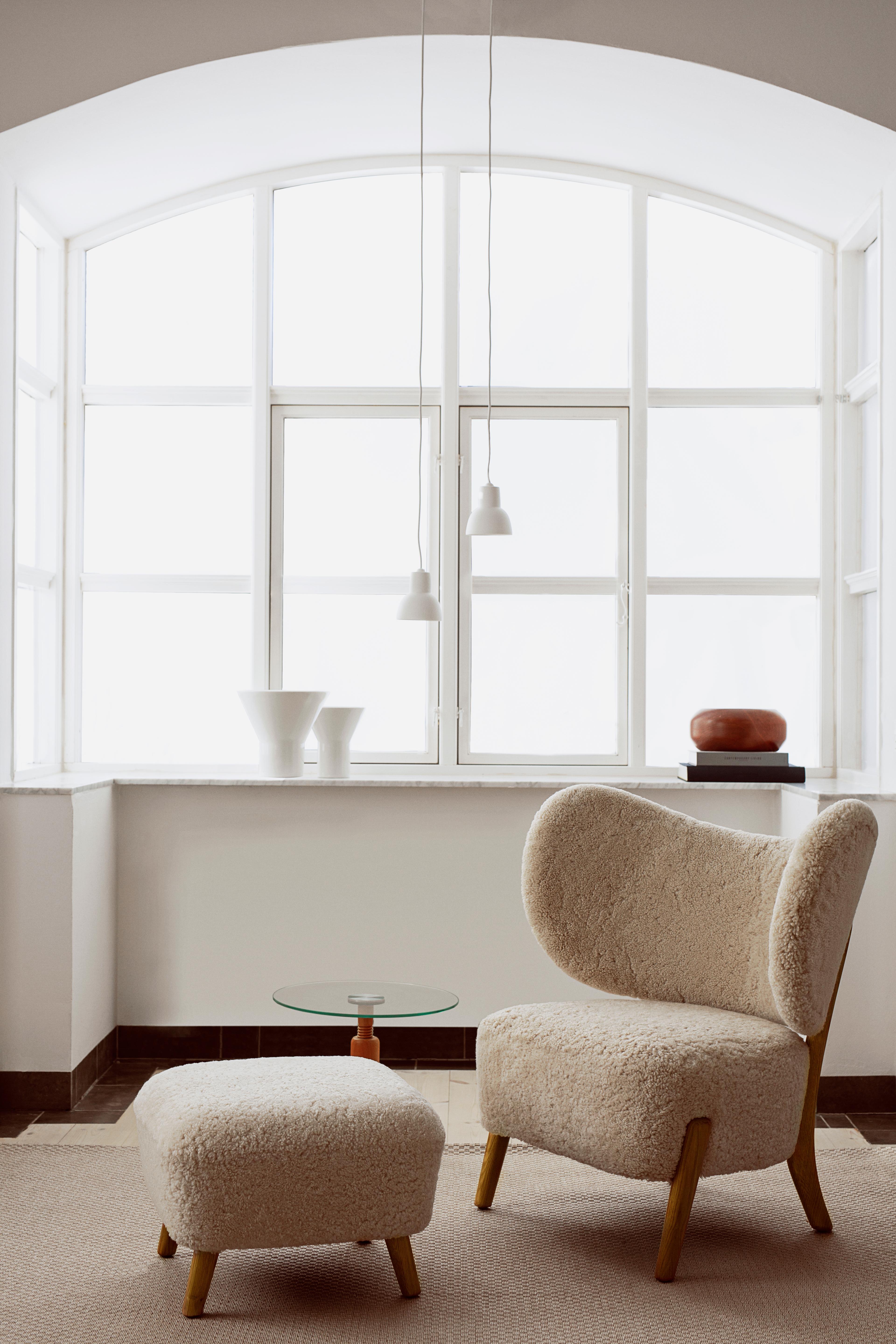 Danish Moonlight Sheepskin Set of TMBO Lounge Chair & Pouff by Mazo Design For Sale