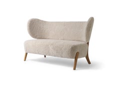 White TMBO Lounge Sofa in Oak and Moonlight Sheepskin Upholstery by Mazo Design