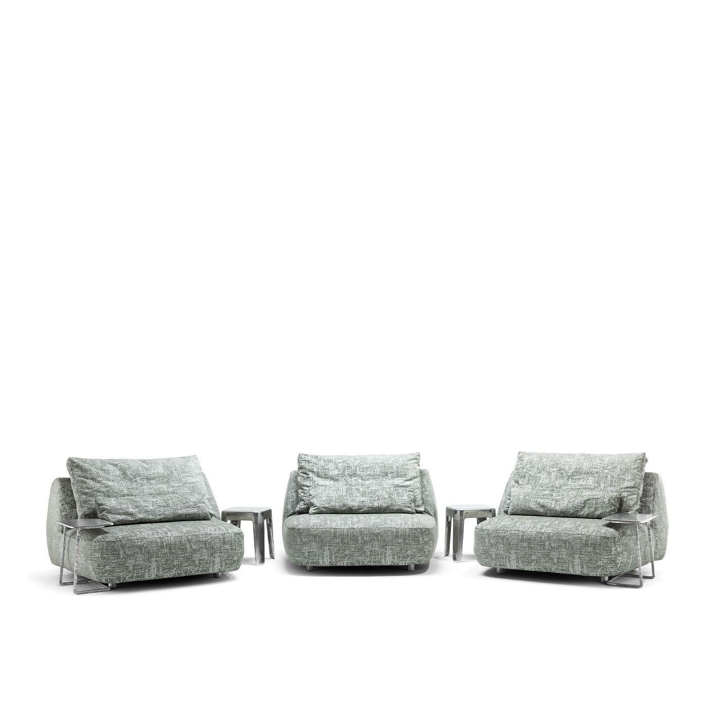 Moonlight Sofa, the versatile outdoor couch, features high-resilience polyurethane foam layers for comfort. Its waterproof upholstery protects from rain, while the breathable fabric beneath ensures air circulation. Various modules, with or without