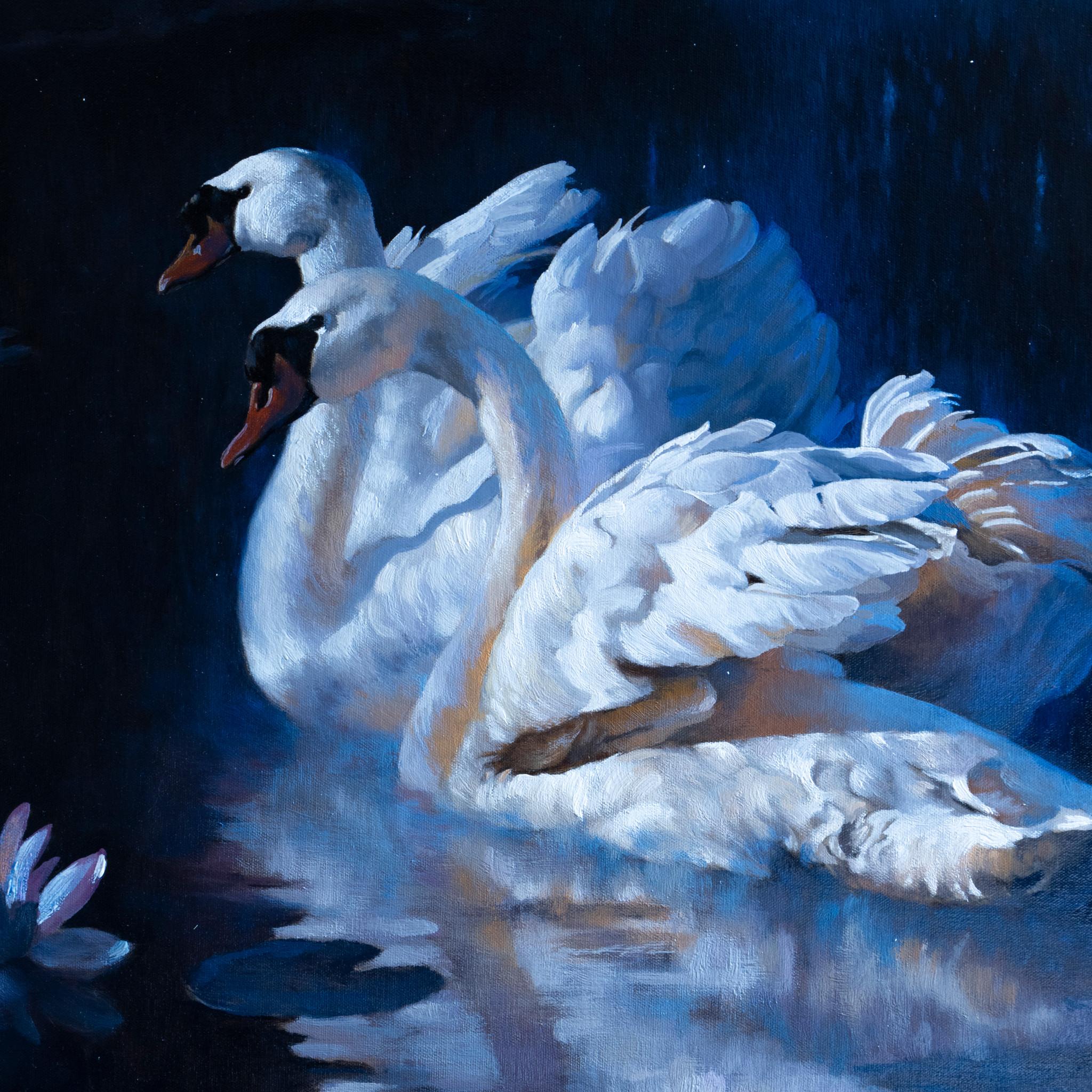 Hand-Painted Moonlight Swans Original Oil Painting by Greg Parker For Sale