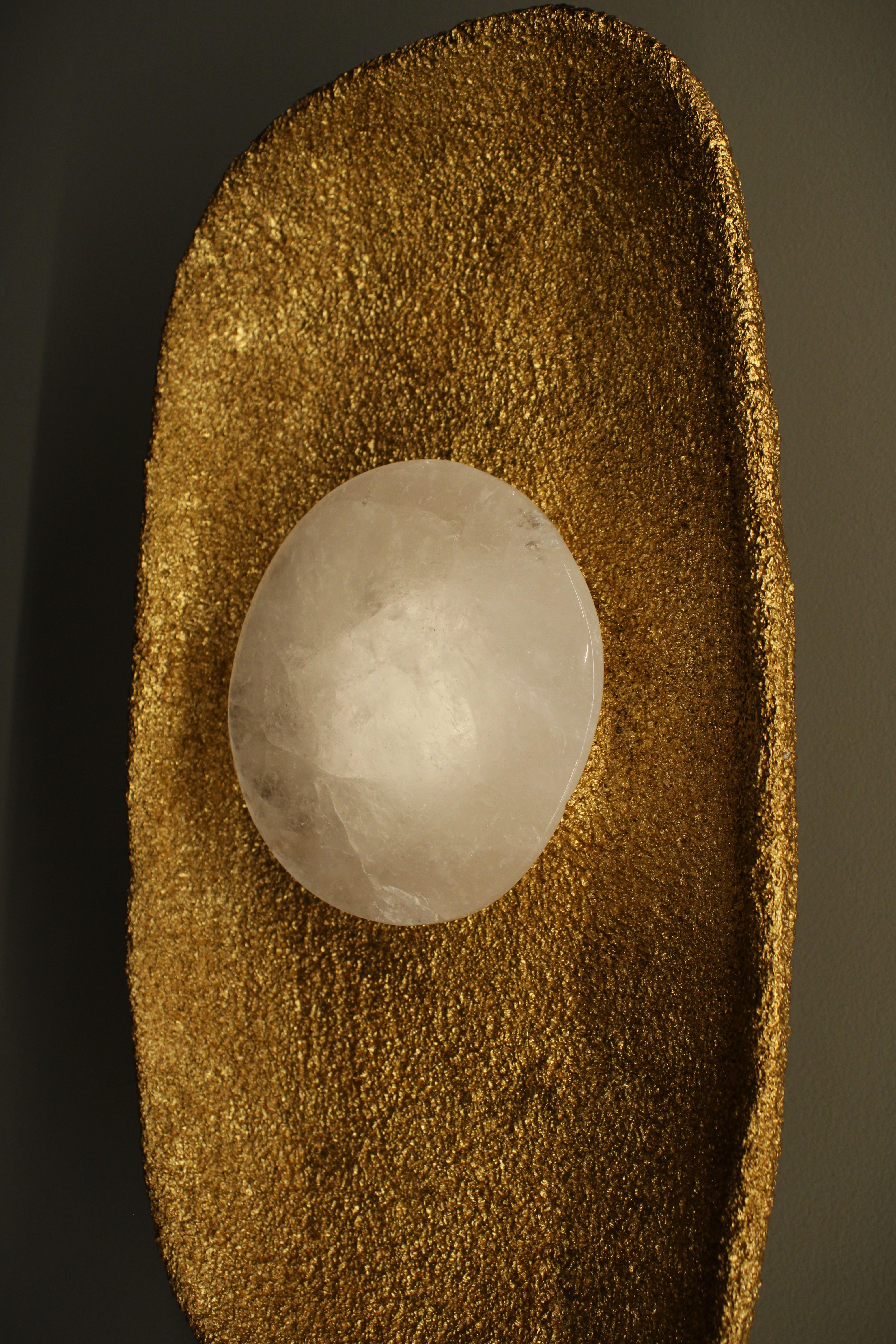 Art Deco Moonlight Wall Sconce with White Quartz And Gold Patina Details by Aver For Sale