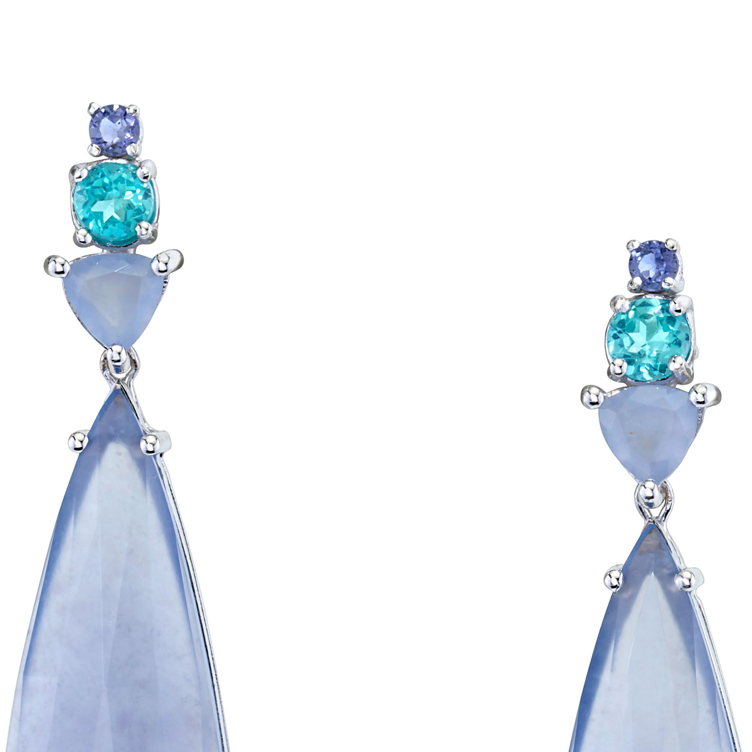 Contemporary Moonlit Blues Earrings Blue Chalcedony, and Tanzanite in 18k White Gold For Sale