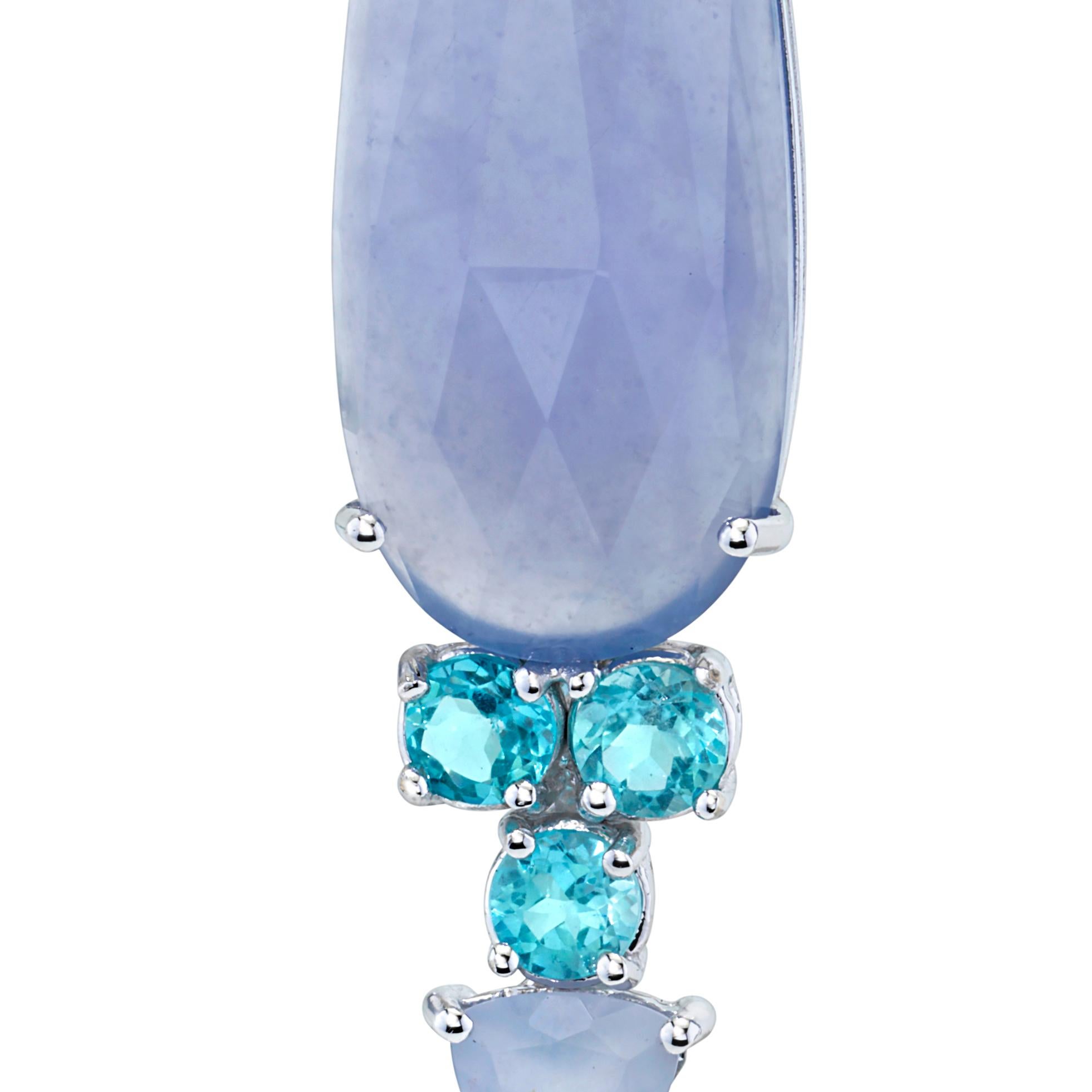 Mixed Cut Moonlit Blues Earrings Blue Chalcedony, and Tanzanite in 18k White Gold For Sale