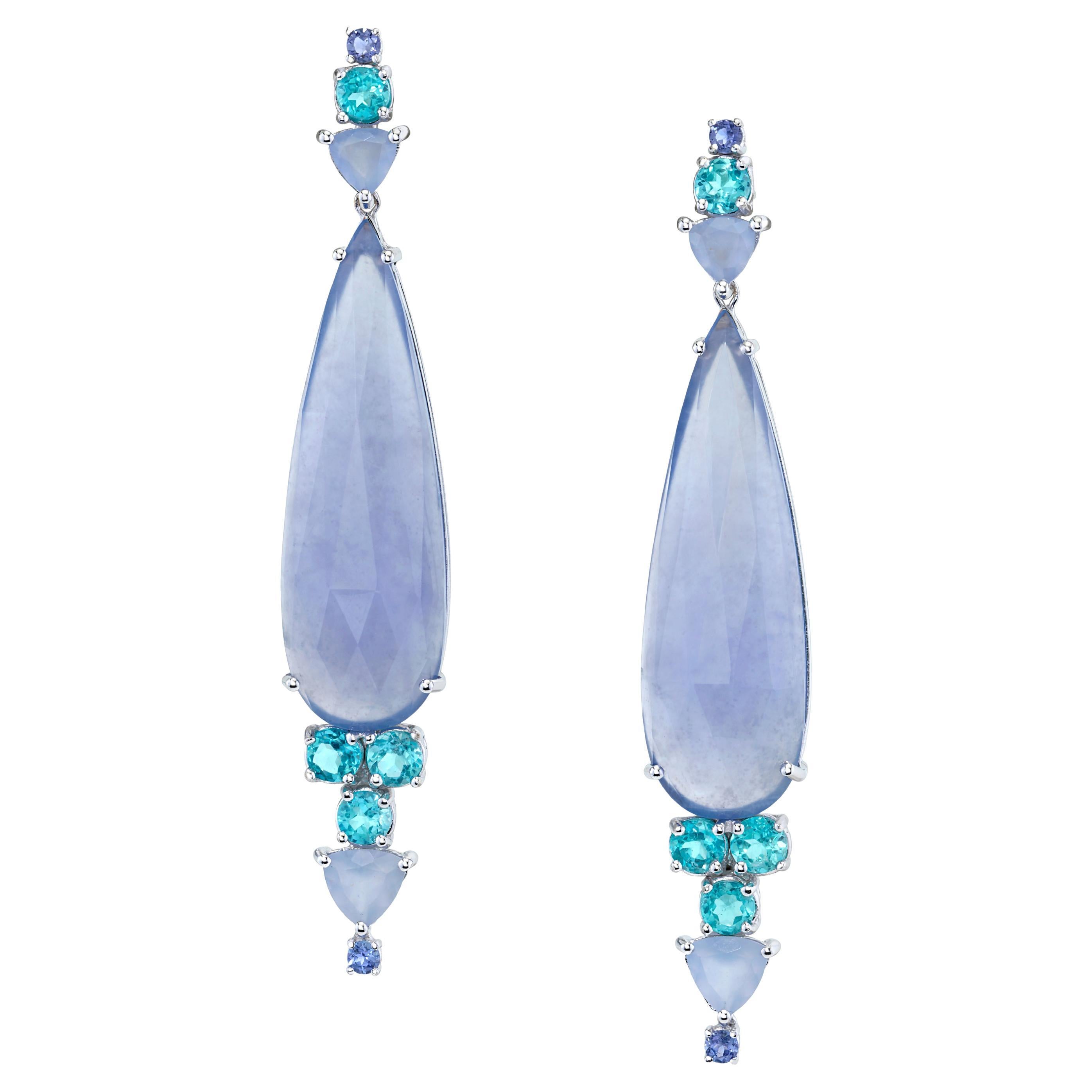 Moonlit Blues Earrings Blue Chalcedony, and Tanzanite in 18k White Gold For Sale