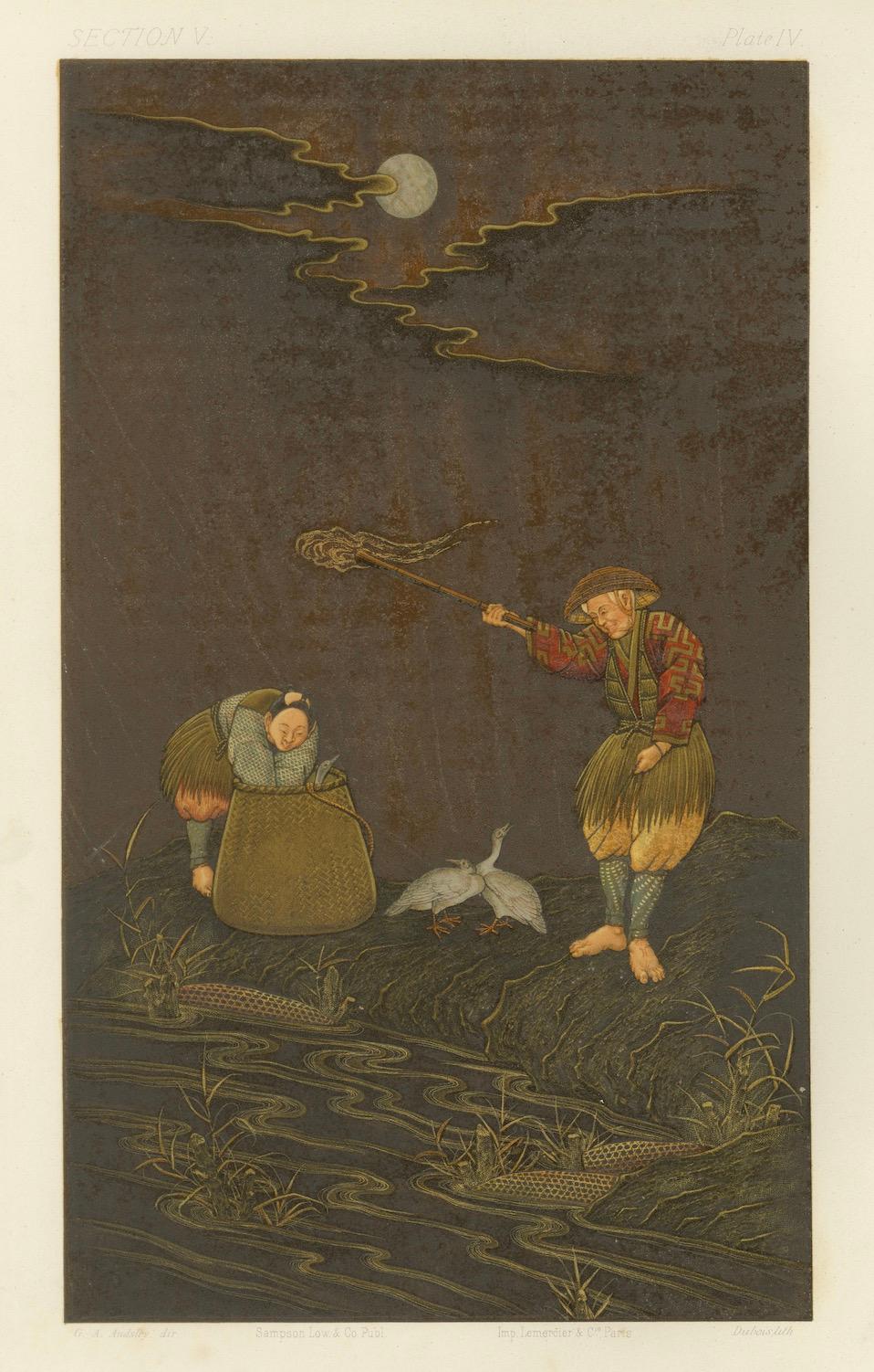 Title: Moonlit Fishing Scene – Plate IV from G. A. Audsley’s Chromolithographic Collection with Japanese Inspiration

Description: This stunning chromolithograph, Plate IV from Section V, showcases the artistic direction of G. A. Audsley, published