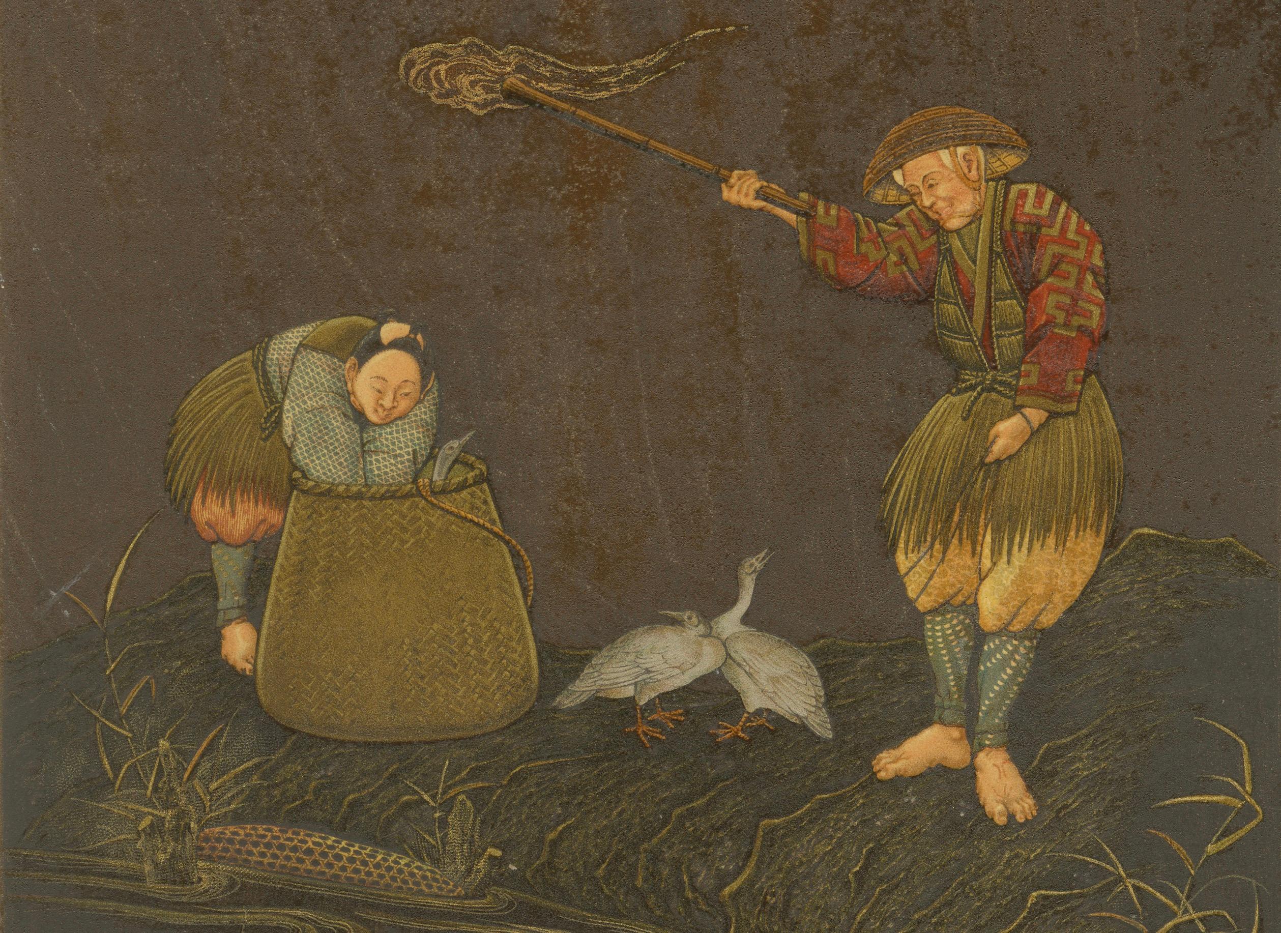Moonlit Fishing Scene – Chromolithographic Art with Japanese Inspiration, 1884 In Good Condition For Sale In Langweer, NL