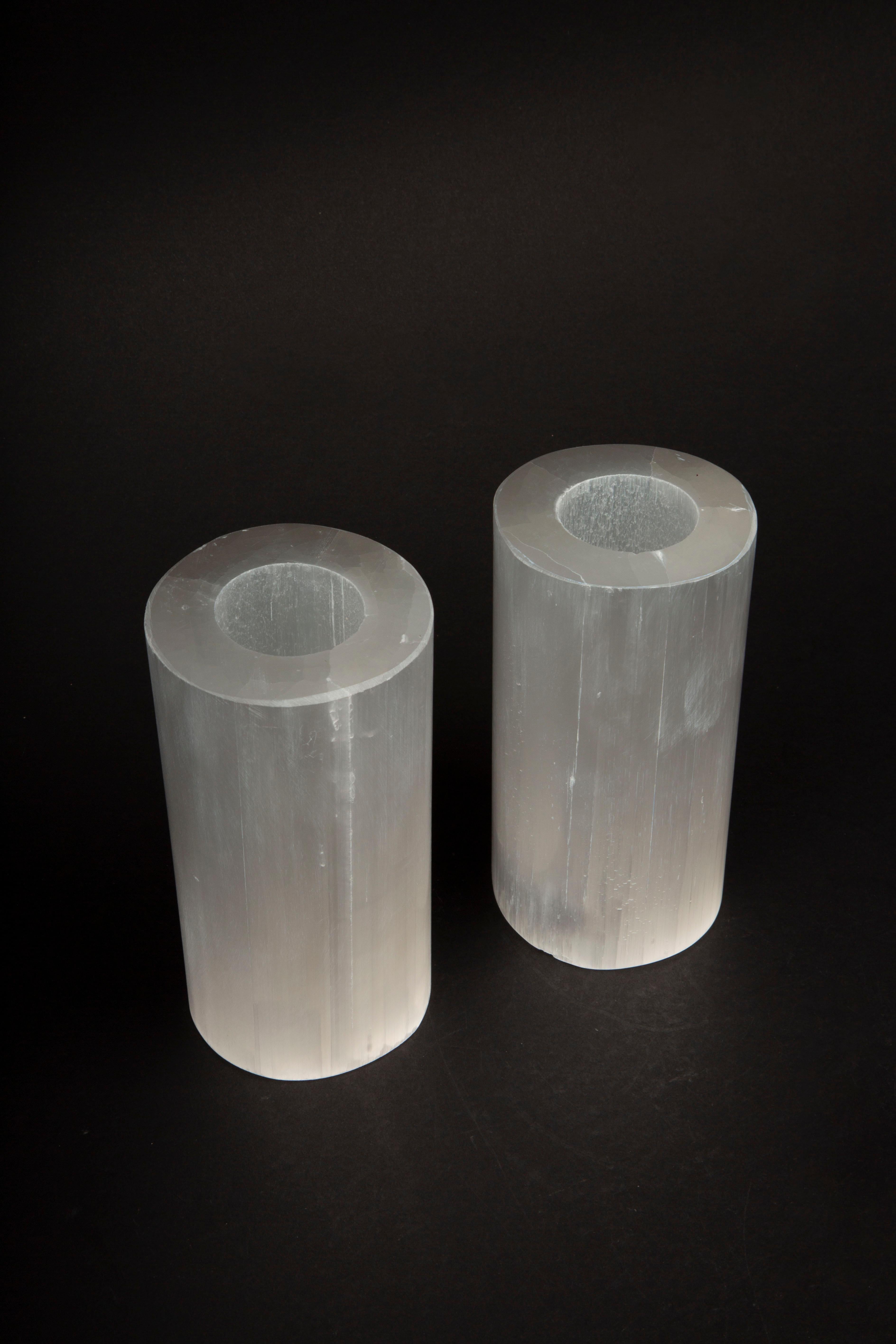 Moroccan Moonlit Glow: Pair of Selenite Candle Votives 6”H For Sale