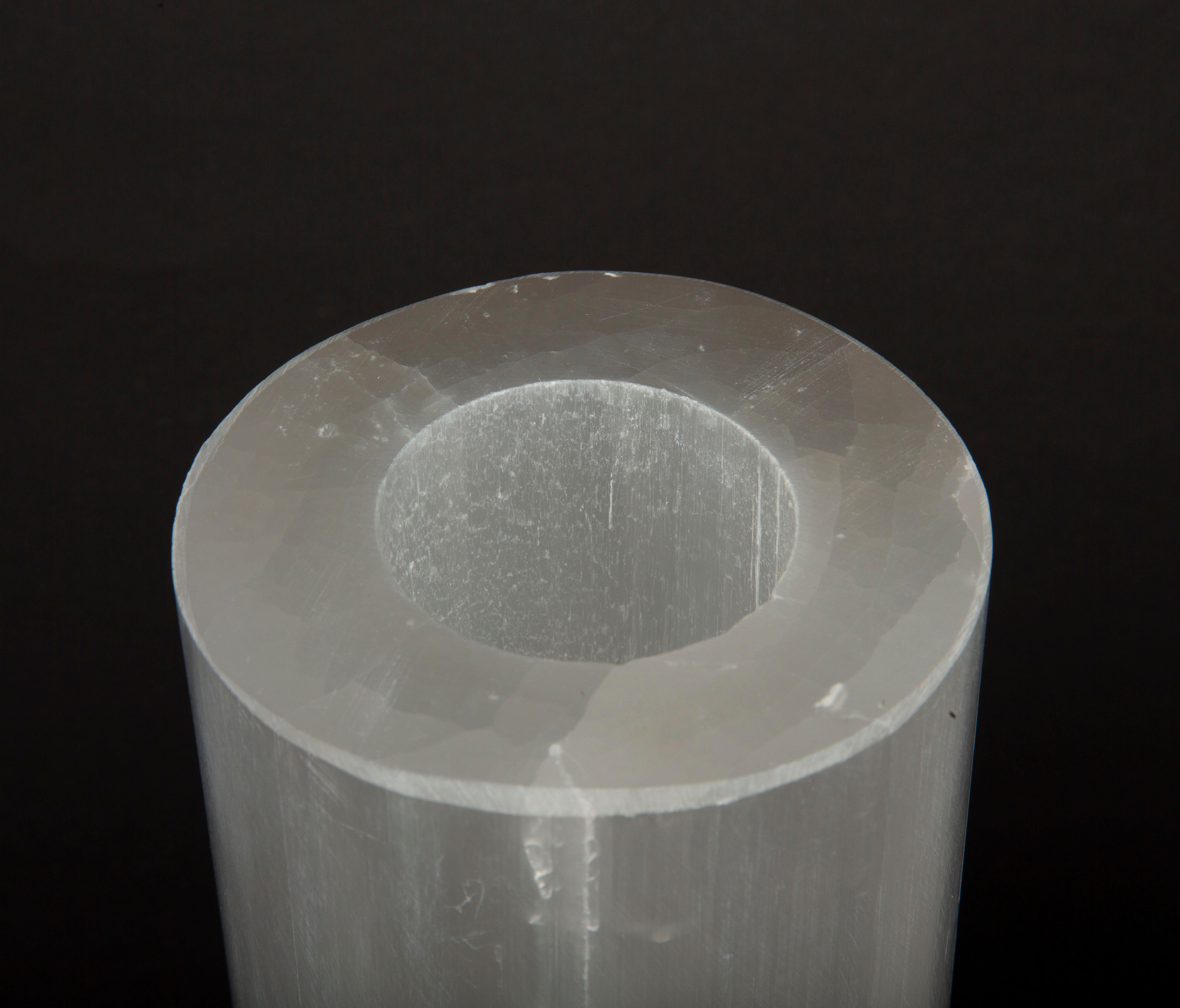 Hand-Carved Moonlit Glow: Pair of Selenite Candle Votives 6”H For Sale