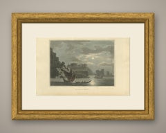 Moonlit Island of Tortosa, Syria, Antique Hand Colored Aquatint, 1810
