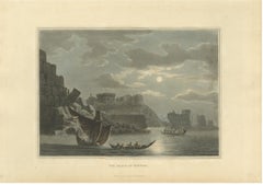 Moonlit Island of Tortosa, Syria, Antique Hand Colored Aquatint, 1810