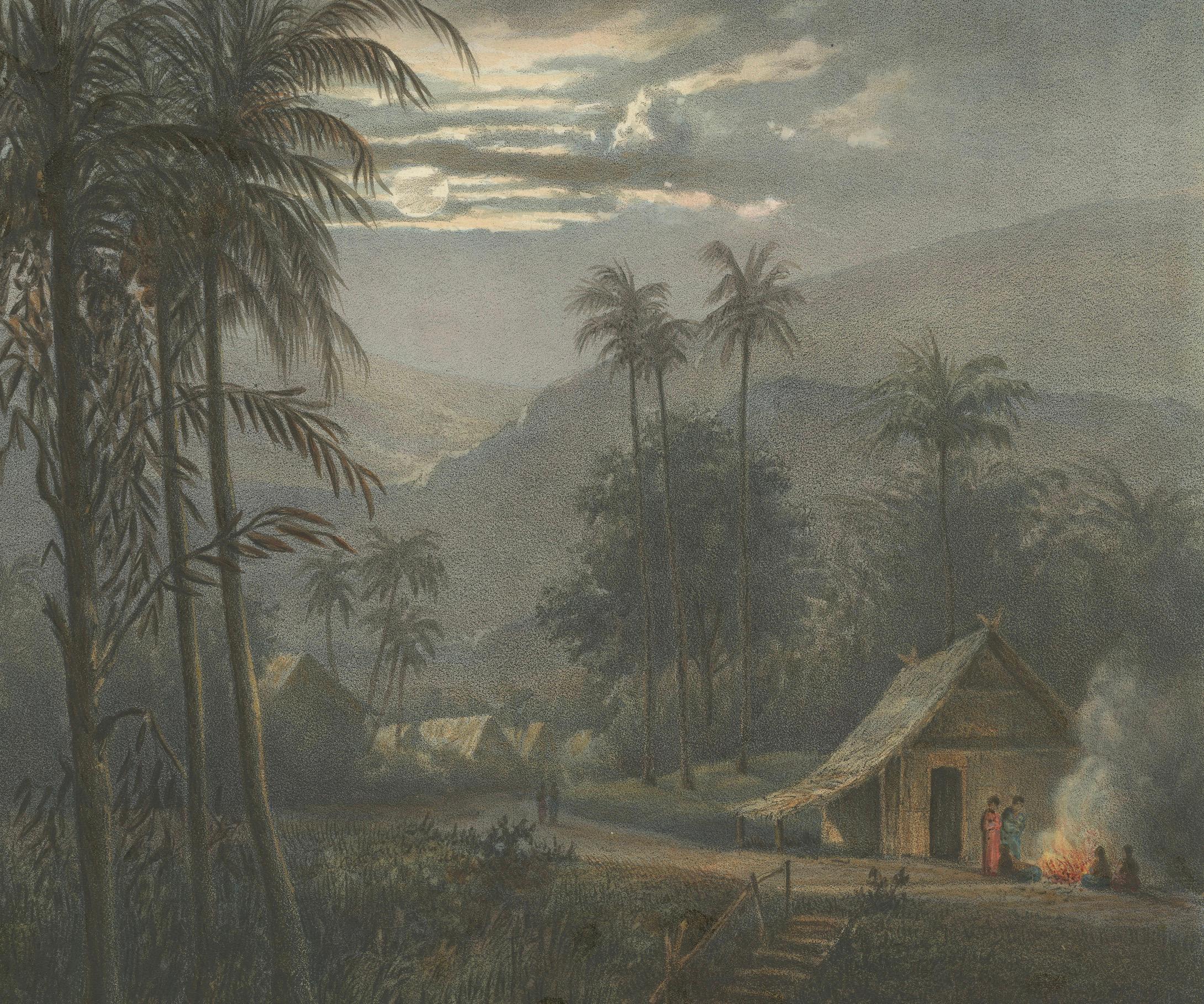 Mondscheinlandschaft bei Sumedang, West-Java - Seltene Java-Lithografie, 1872

Diese stimmungsvolle und wunderschön gestaltete Chromolithografie zeigt eine mondbeschienene Landschaft im Hochland um Sumedang, das in den Preanger (Priangan)-Bezirken