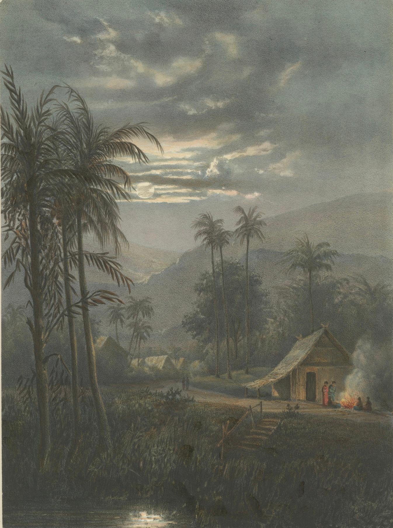 Mondscheinlandschaft bei Sumedang, West-Java - Seltene Java-Lithografie, 1872 im Zustand „Gut“ im Angebot in Langweer, NL