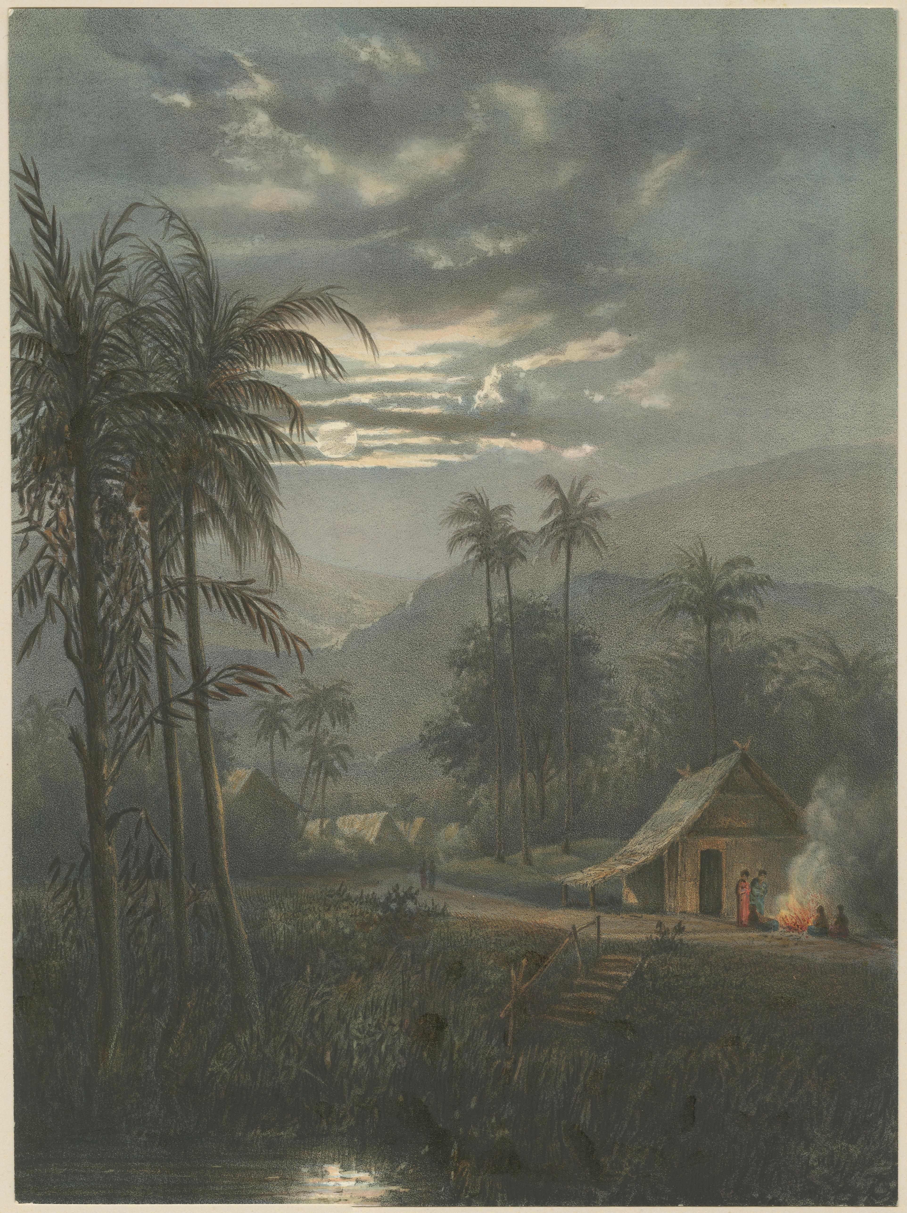 Mondscheinlandschaft bei Sumedang, West-Java - Seltene Java-Lithografie, 1872 (Spätes 19. Jahrhundert) im Angebot