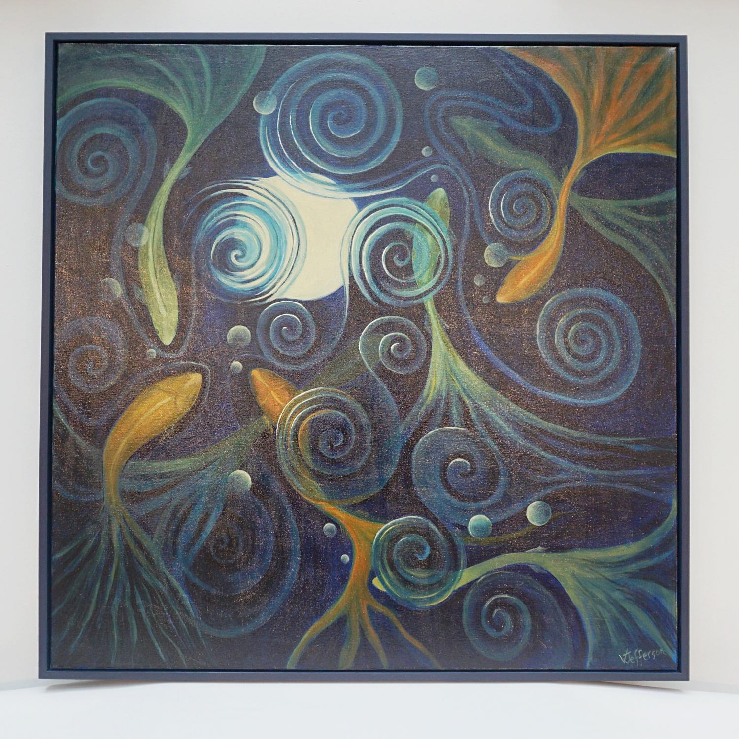 'Moonlit Pond' An Art Deco style contemporary painting by Vera Jefferson. Oil on canvas, depicting various fish dazzling in a deep blue pond. Painted amongst a stylised, abstract background. Signed V Jefferson to lower right. 

Vera Jefferson