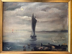 Moonlit Seascape with Sailboat and Rocky Shoreline