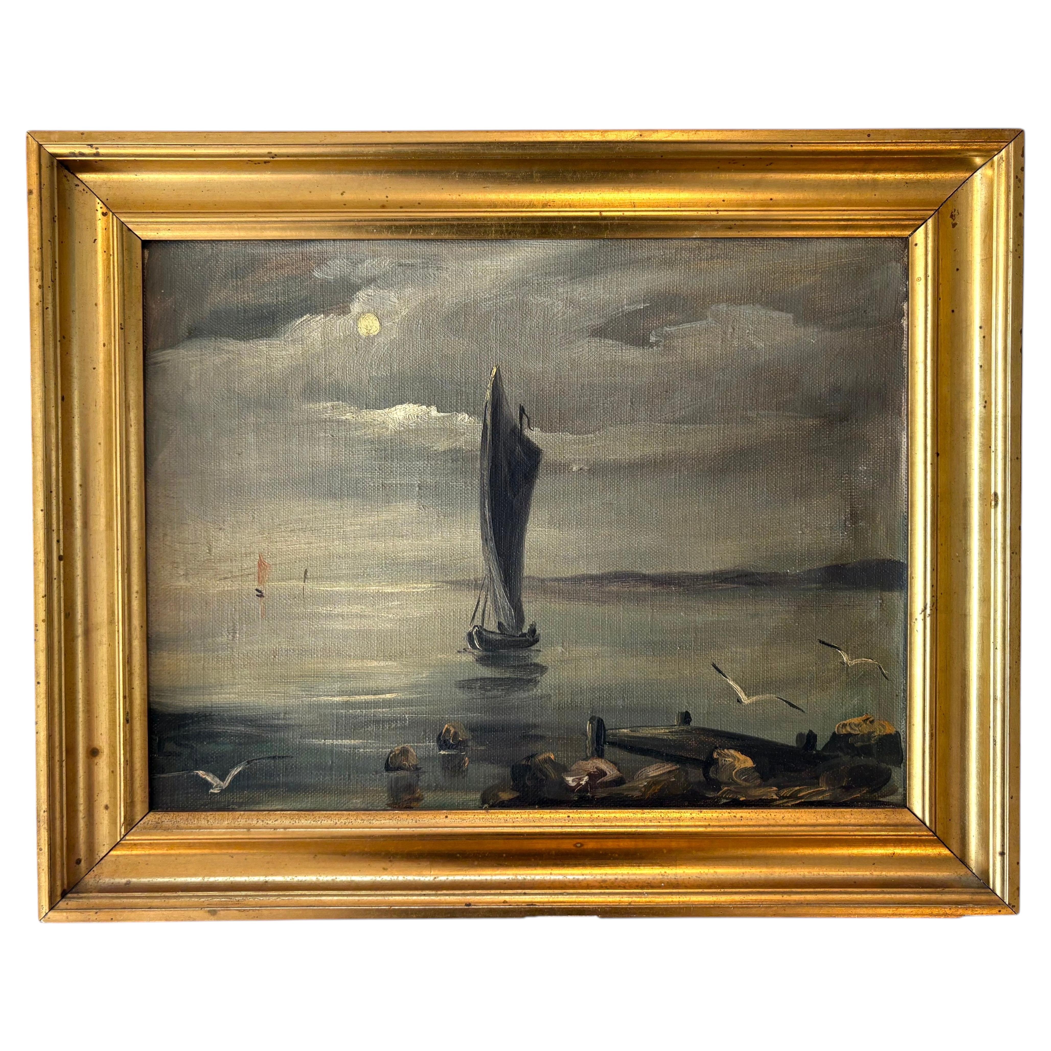 Moonlit Seascape with Sailboat and Rocky Shoreline For Sale