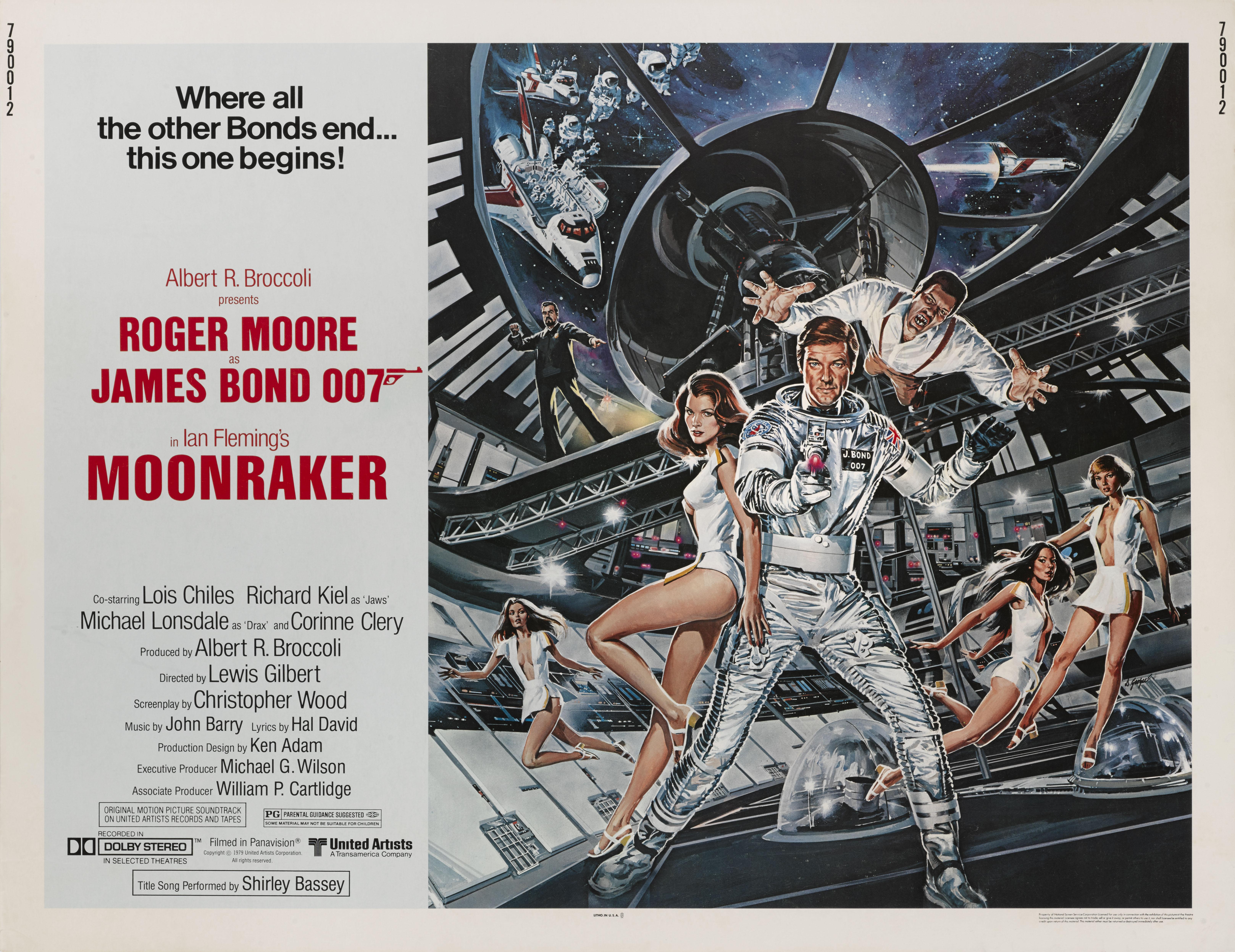 Original US film poster for Moonraker 1979.
The artwork on this poster is by Dan Goozee (b. 1943)
This film was the third and final Bond film to be directed by Lewis Gilbert. It was Eon productions eleventh James Bond film, and the fourth to star