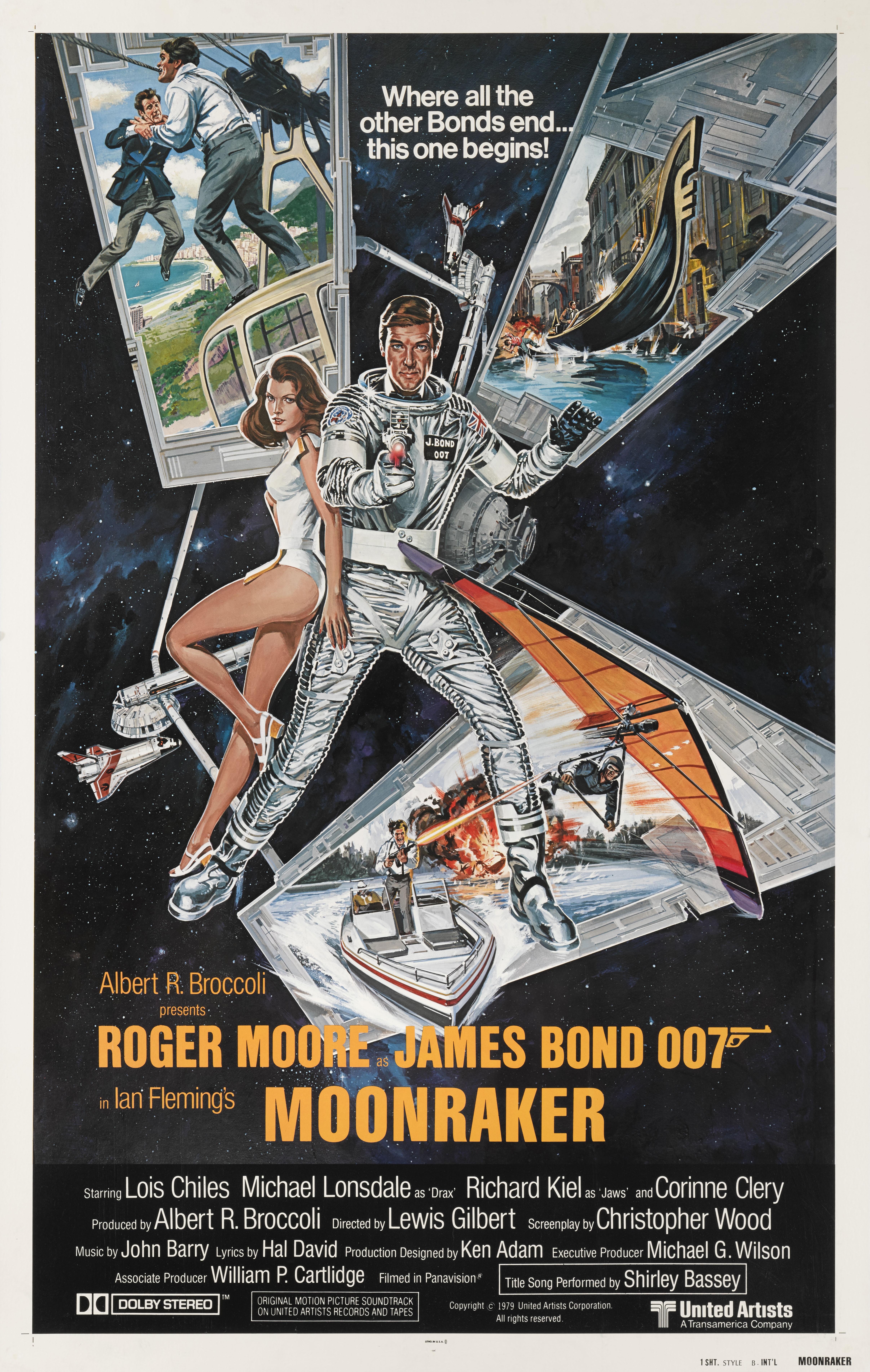 Original US International advance style B film poster for Moonraker 1979.
Das Kunstwerk auf diesem Plakat stammt von Dan Goozee (geb. 1943)

Dieser Film war der dritte und letzte Bond-Film unter der Regie von Lewis Gilbert. Es war der elfte