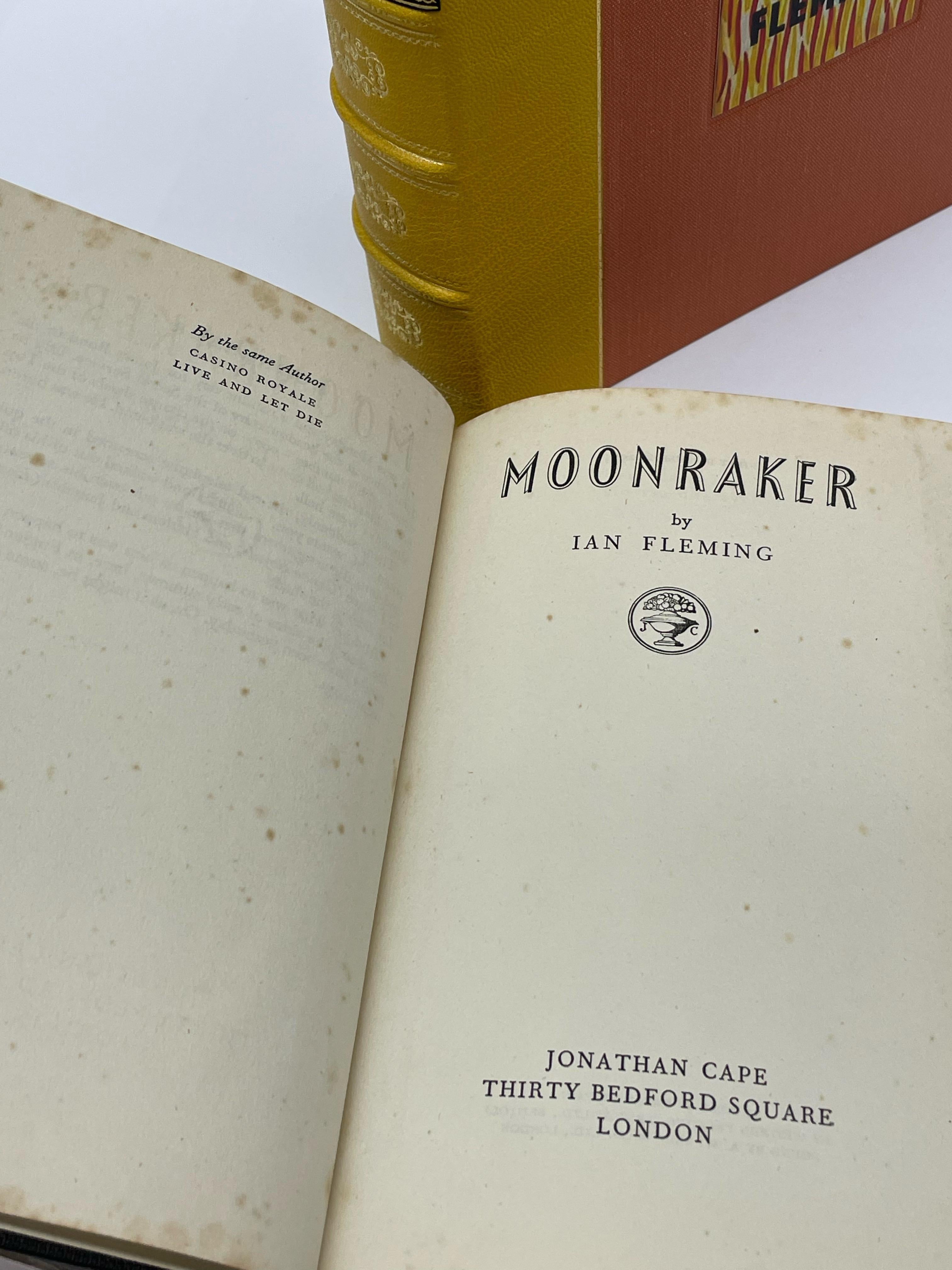 Fleming, Ian. Moonraker. London: Jonathan Cape, 1955. First Edition, Second State. Octavo, in original pictorial dust jacket and boards. Presented with a new archival ¼ leather and clamshell case. 

This is a first edition, second state printing