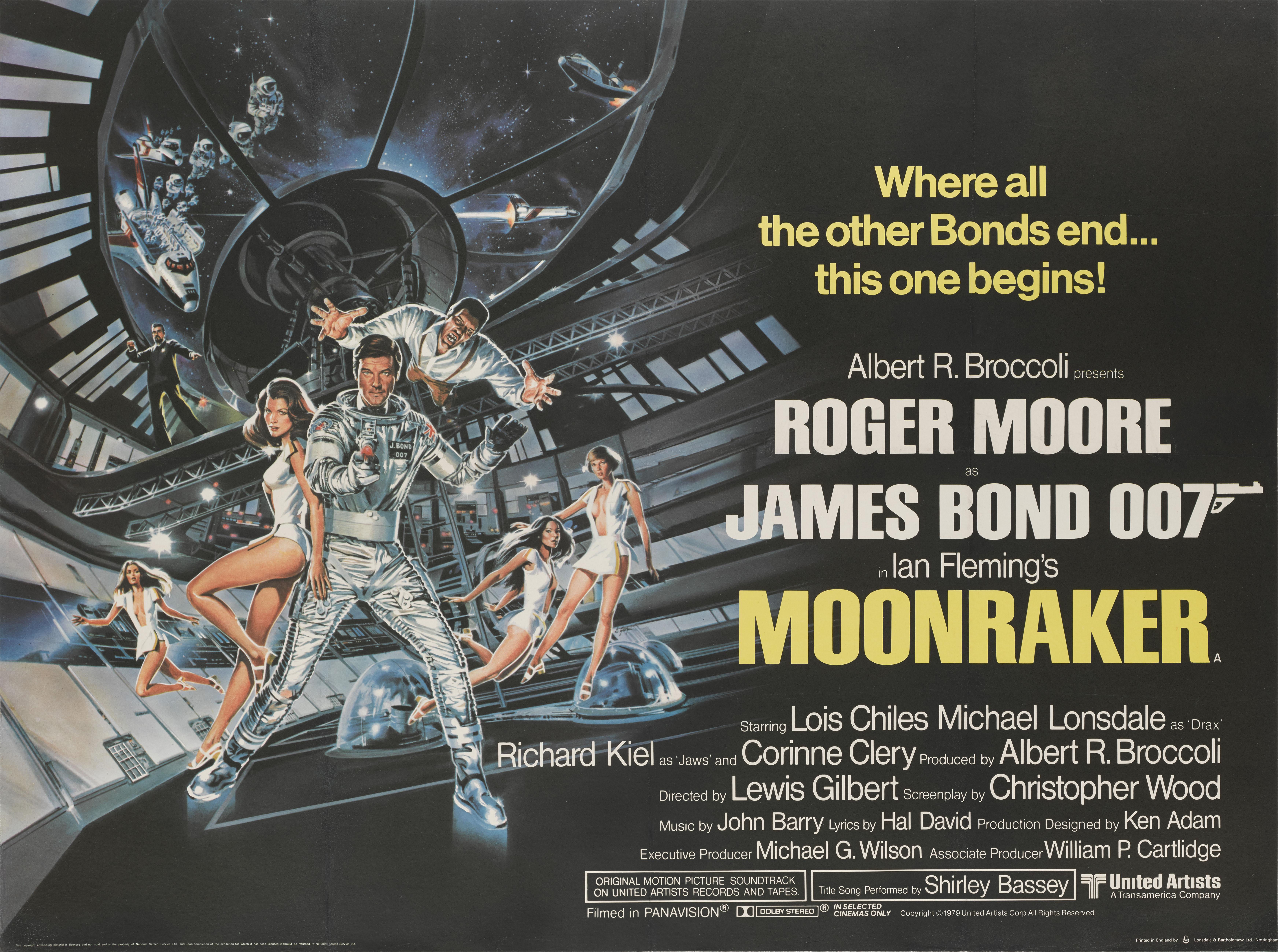 Originales britisches Filmplakat für den James-Bond-Film Moonraker von 1979,
mit Roger Moore als 007 in der Hauptrolle  Lois Chiles, Michael Lonsdale und Richard Kiel.
Das Kunstwerk auf diesem Plakat stammt von Dan Goozee (geb. 1943).
Dieses Plakat