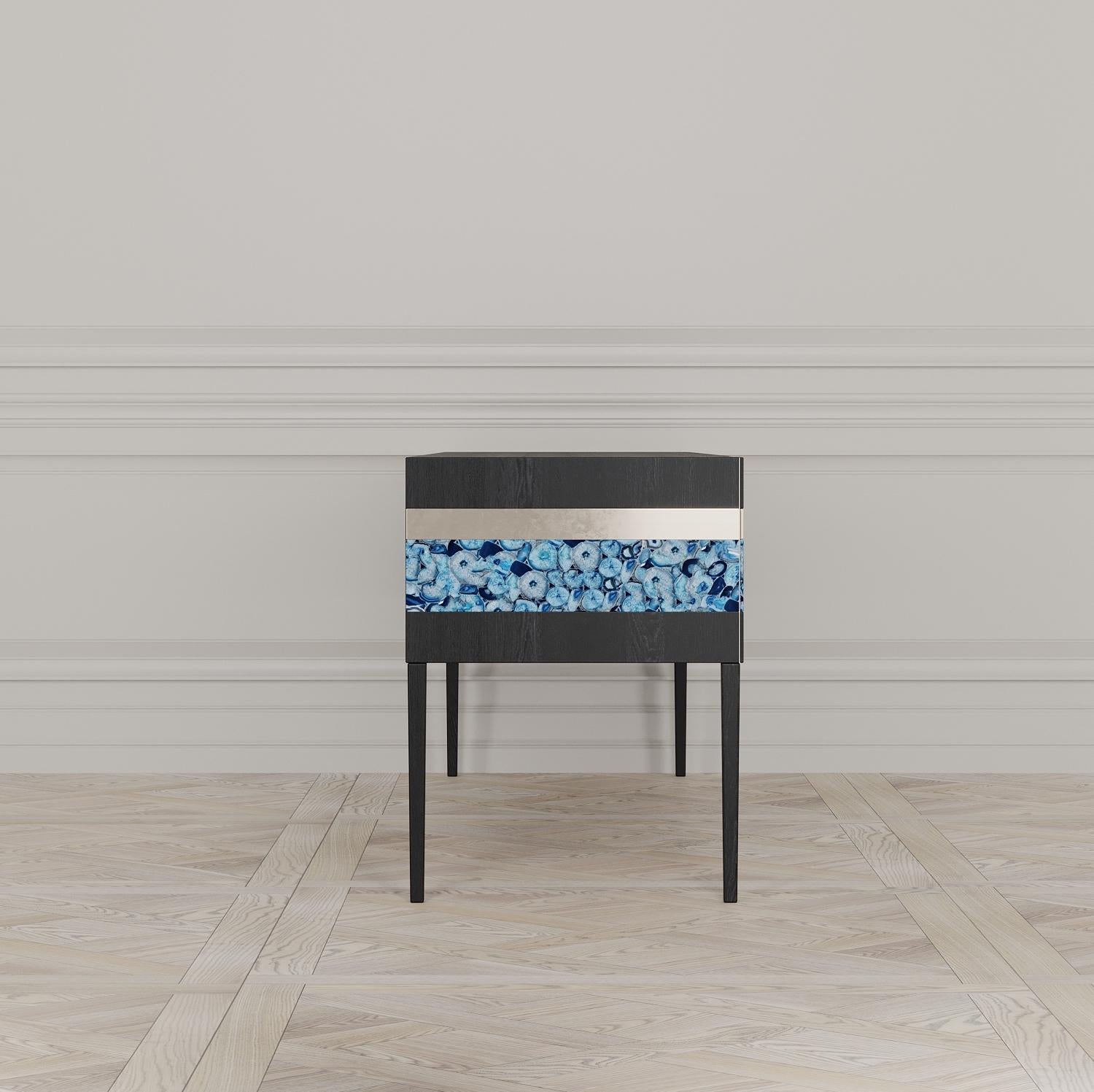 Modern Moonrise Credenza of Blue Gemstone, Brass and Oak, Made in Italy For Sale
