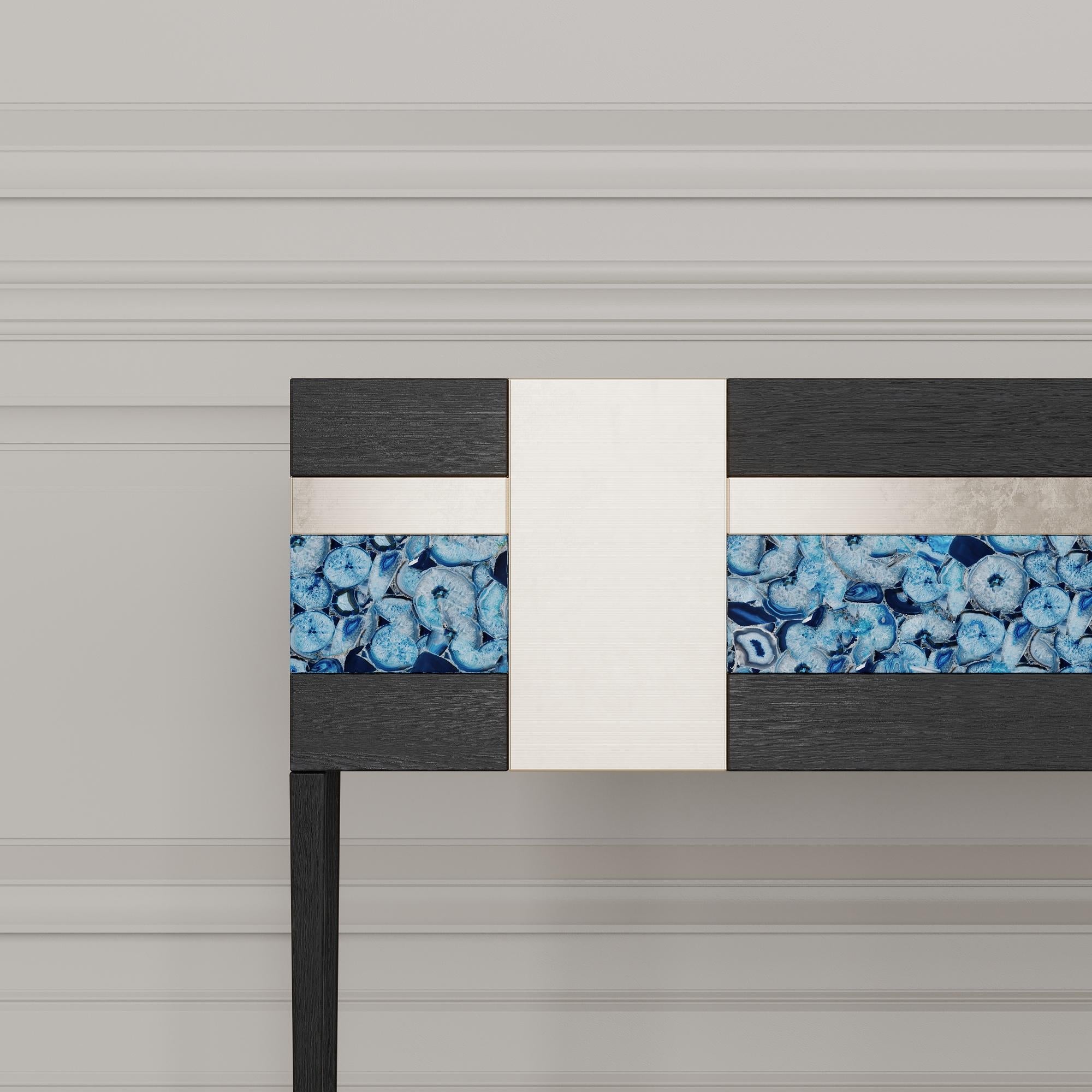 Italian Moonrise Credenza of Blue Gemstone, Brass and Oak, Made in Italy For Sale