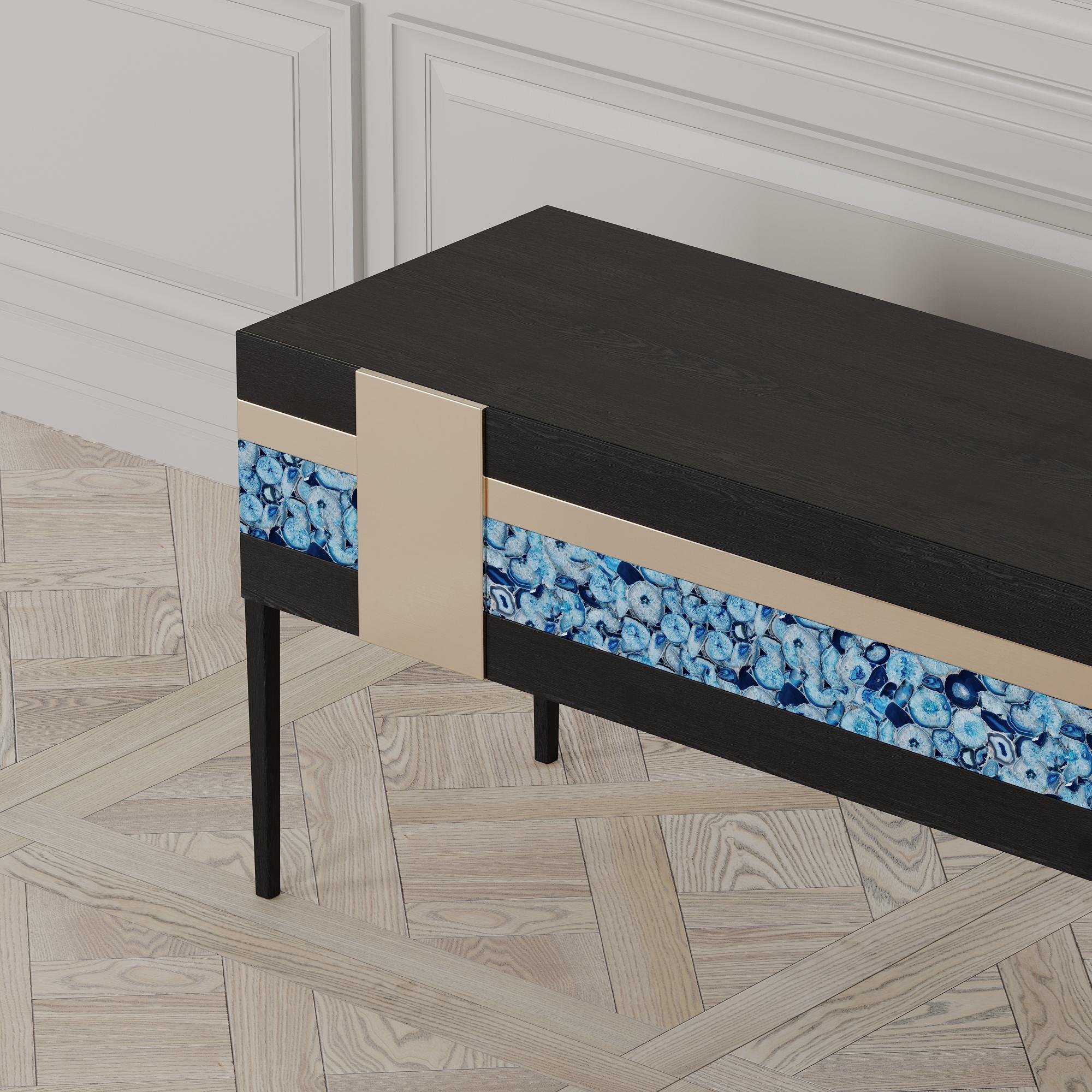 Blackened Moonrise Credenza of Blue Gemstone, Brass and Oak, Made in Italy For Sale