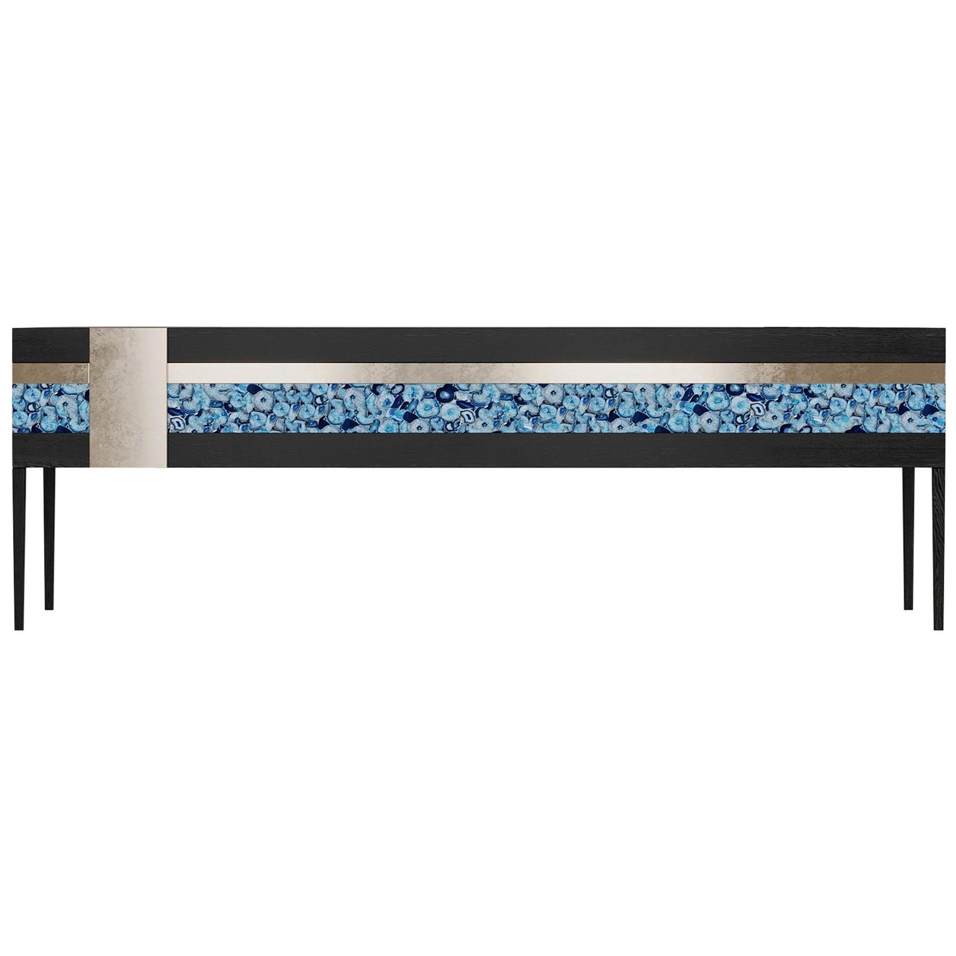 Moonrise Credenza of Blue Gemstone, Brass and Oak, Made in Italy For Sale