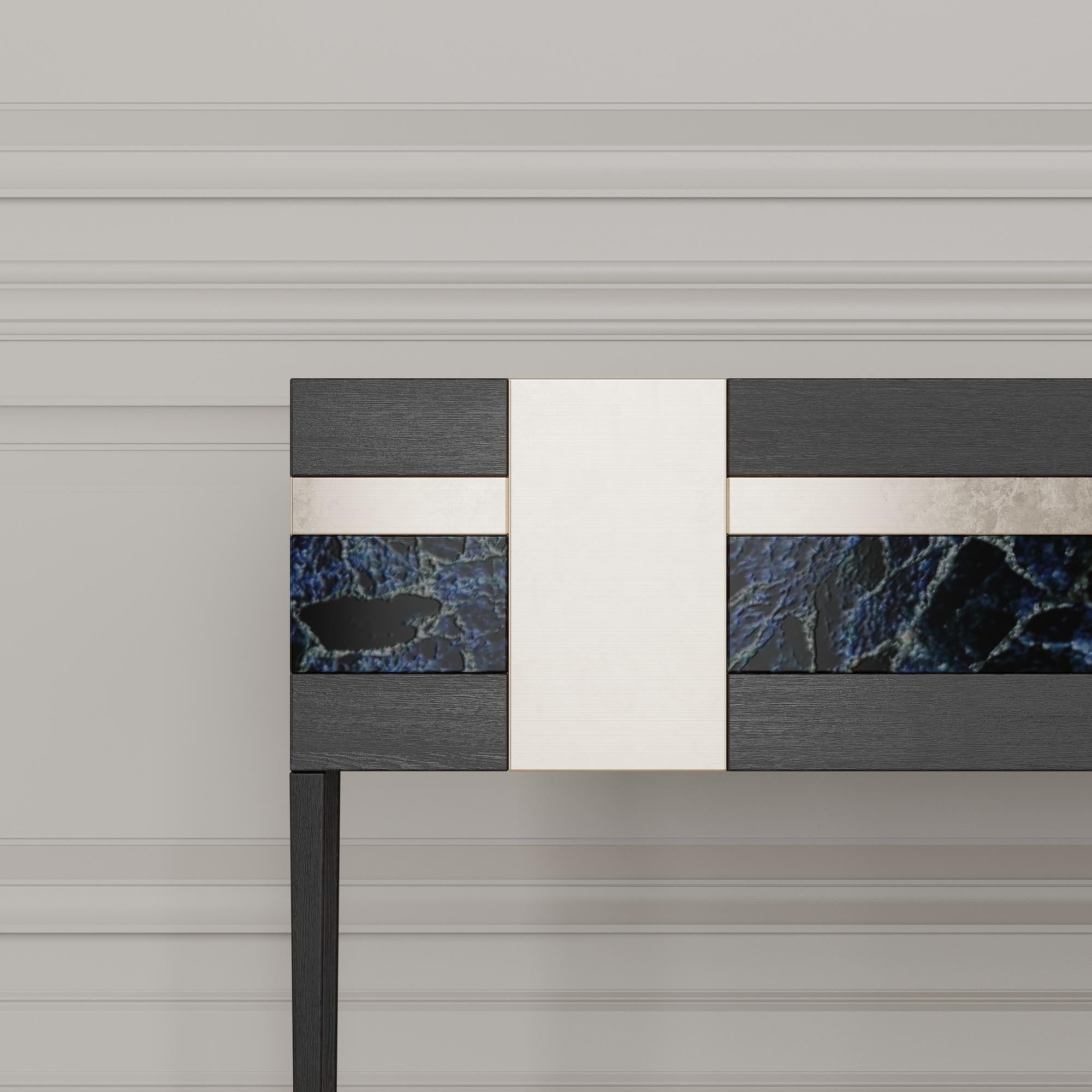 Italian Moonrise Credenza of Gemstone, Brass and Oak, Made in Italy For Sale