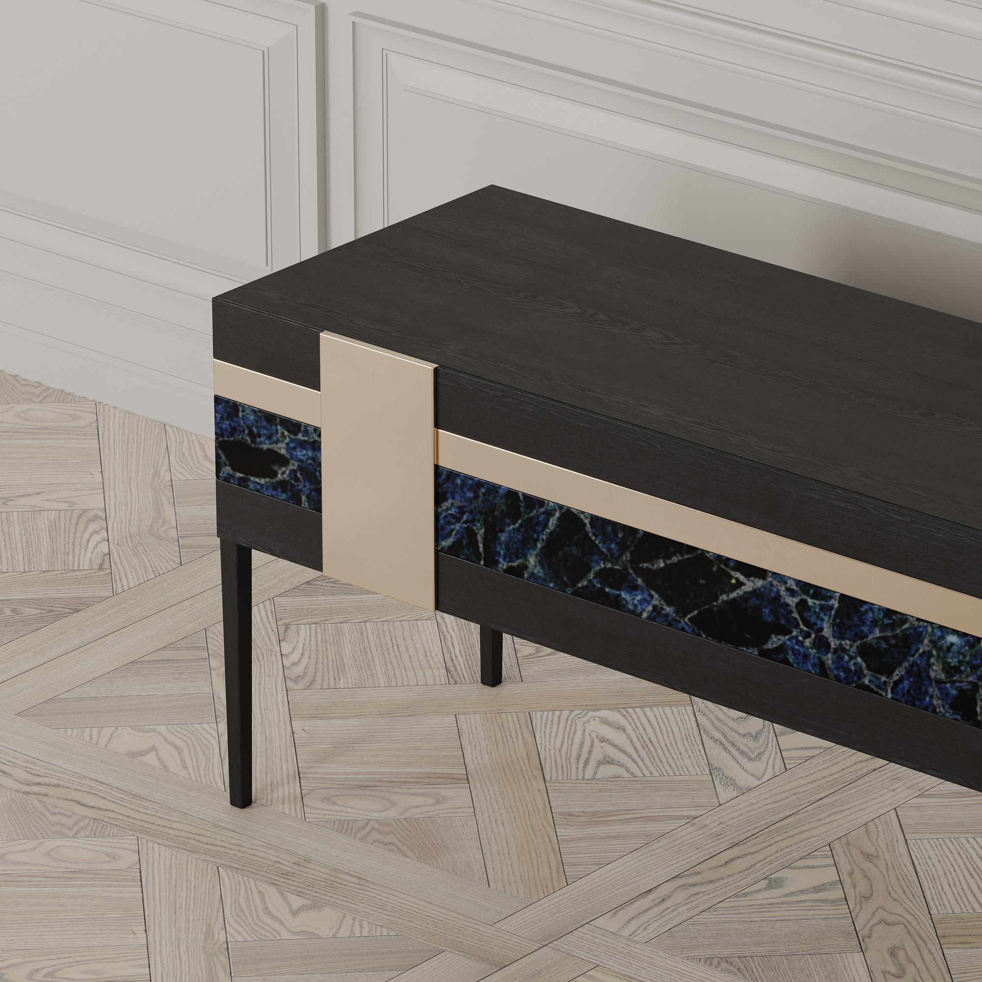 Blackened Moonrise Credenza of Gemstone, Brass and Oak, Made in Italy For Sale