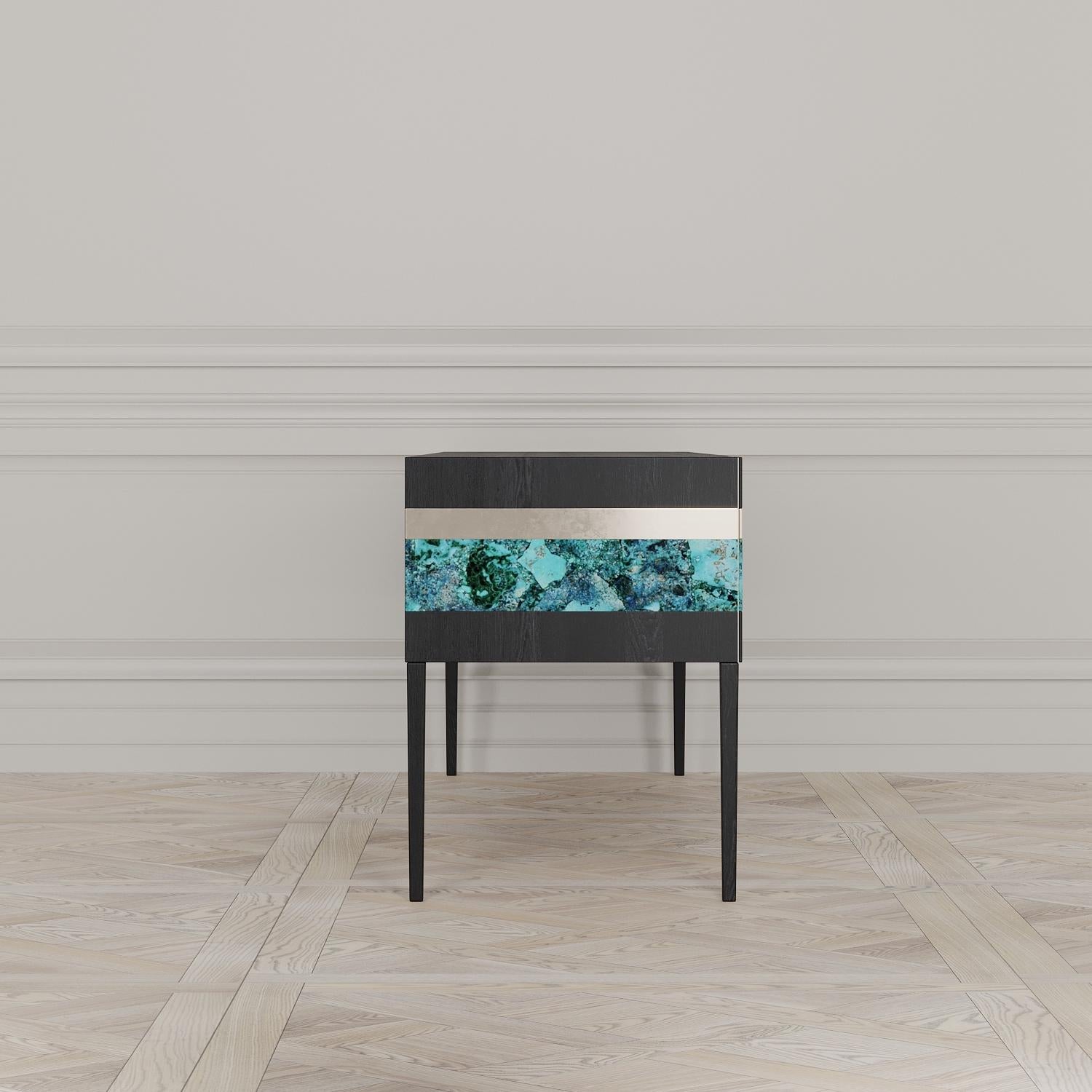 Modern Moonrise Credenza of Gemstone Crisocolla, Brass and Oak, Made in Italy For Sale