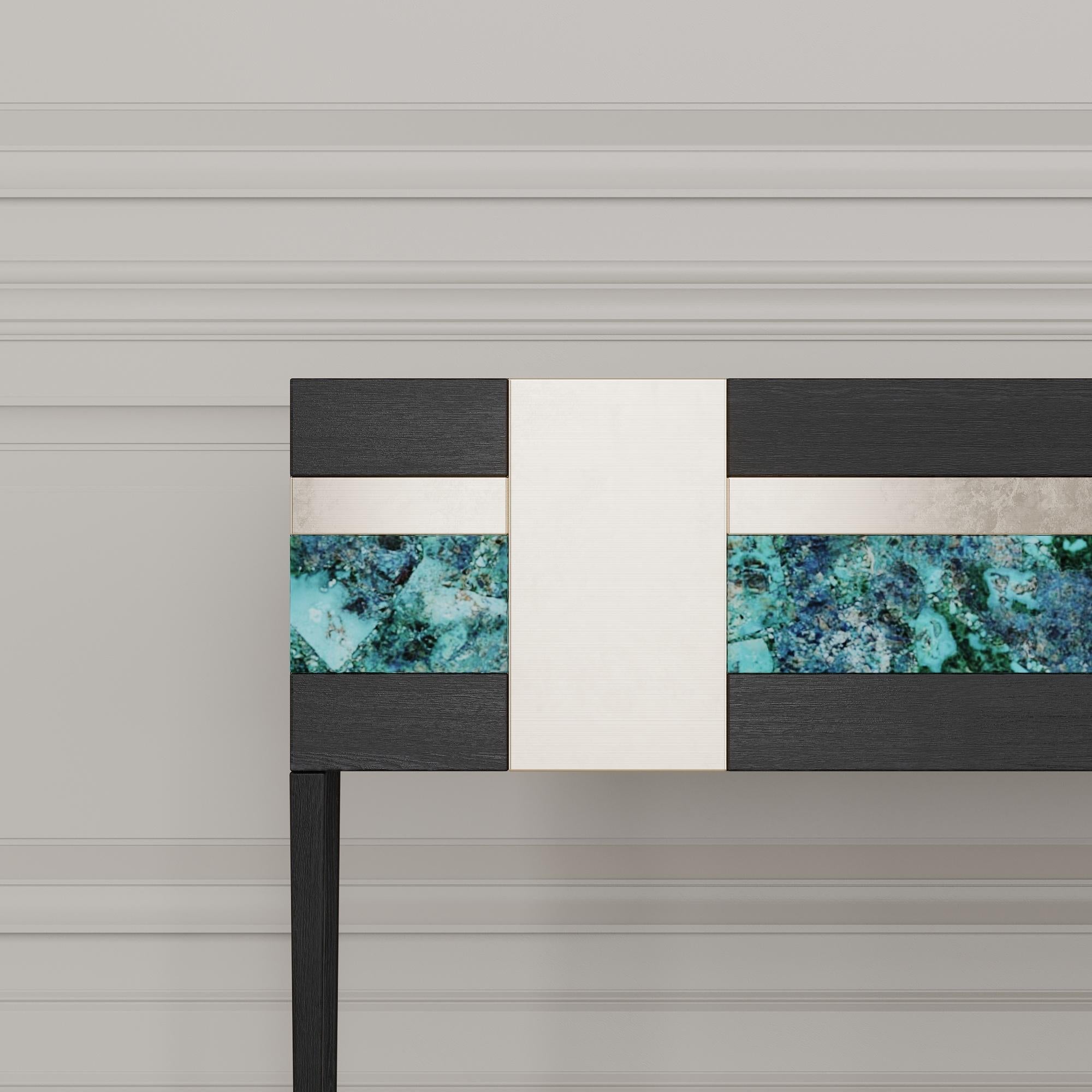 Italian Moonrise Credenza of Gemstone Crisocolla, Brass and Oak, Made in Italy For Sale