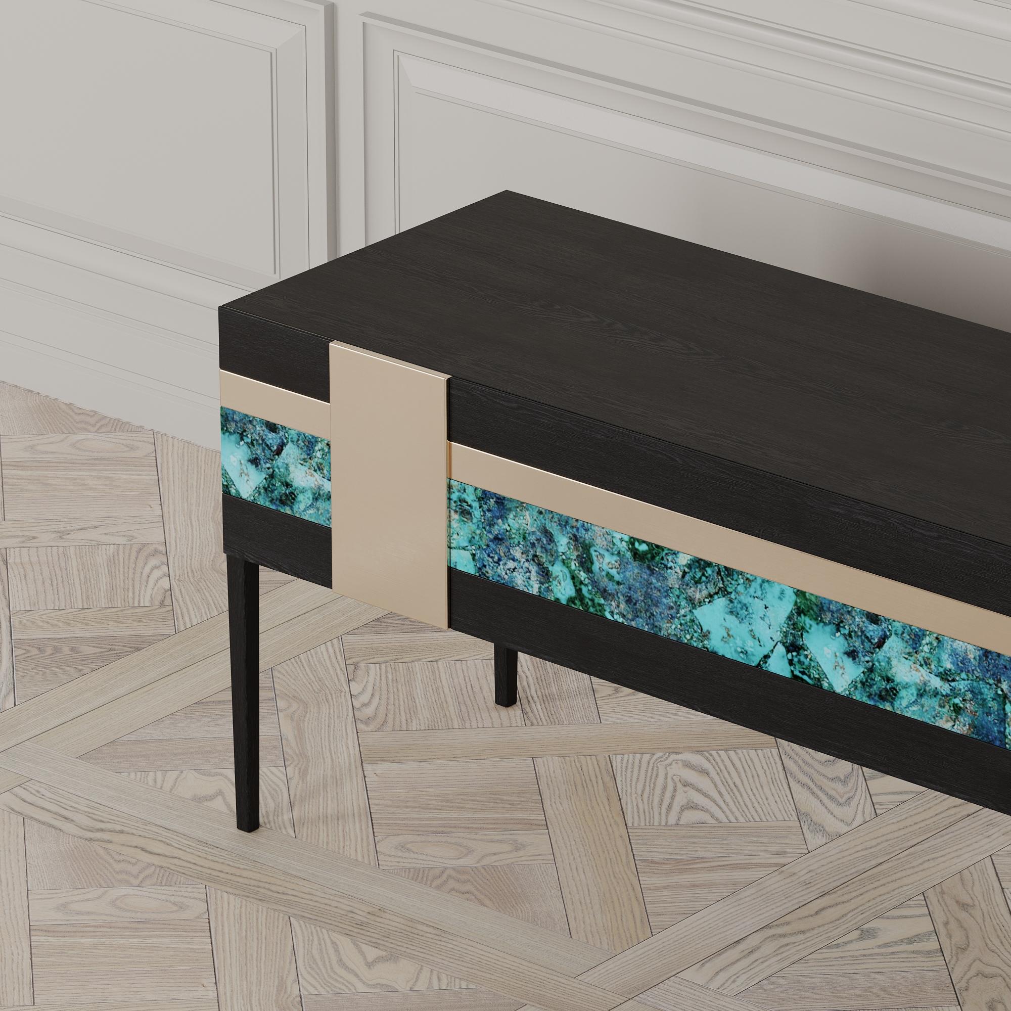 Blackened Moonrise Credenza of Gemstone Crisocolla, Brass and Oak, Made in Italy For Sale