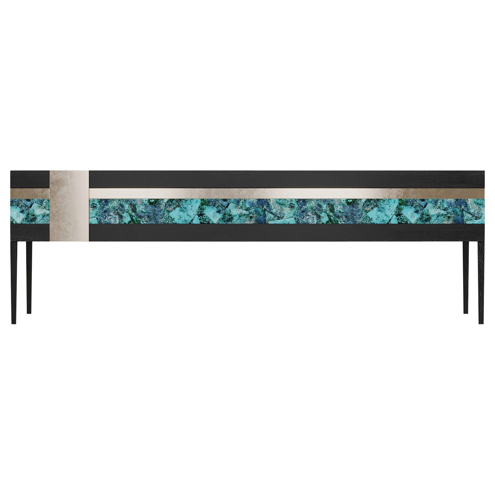 Moonrise Credenza of Gemstone Crisocolla, Brass and Oak, Made in Italy For Sale