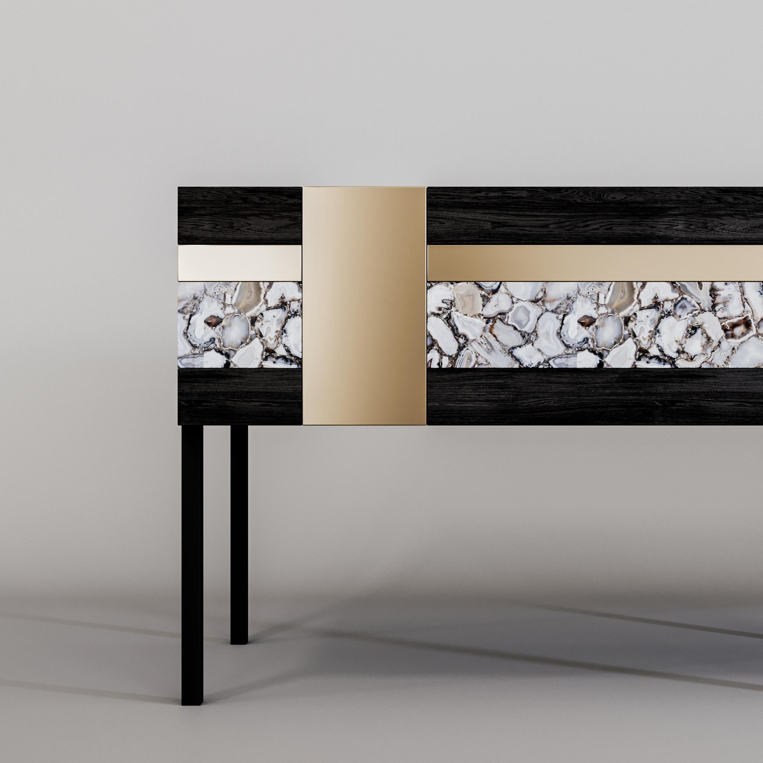 Italian Moonrise Credenza of Gemstone Wild-Light, Brass and Oak, Made in Italy For Sale