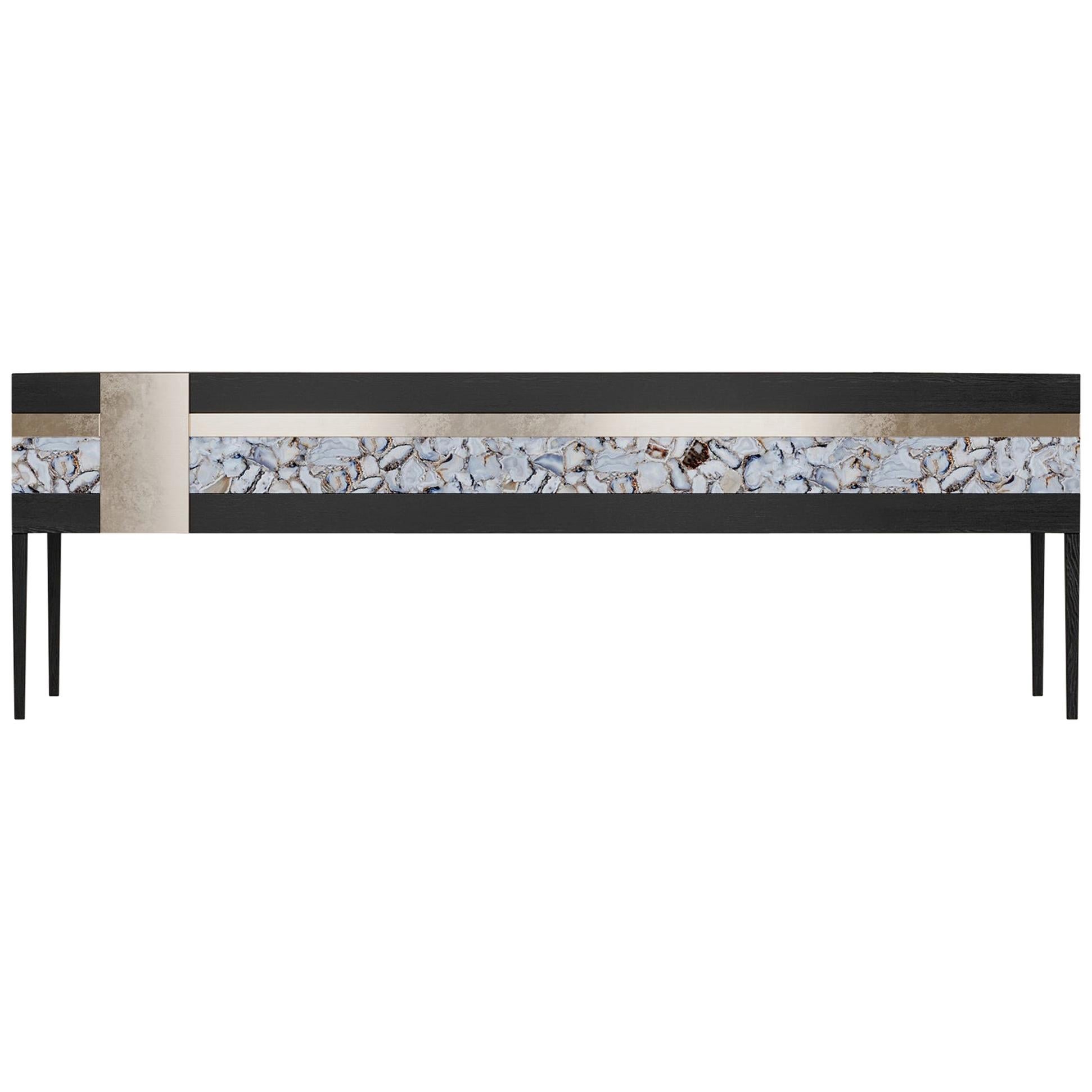 Moonrise Credenza of Gemstone Wild-Light, Brass and Oak, Made in Italy For Sale