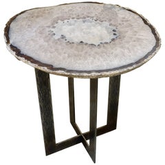 "Moonscape" Silver Agate Table on Custom Hand Chased Steel Base by Amy Zook