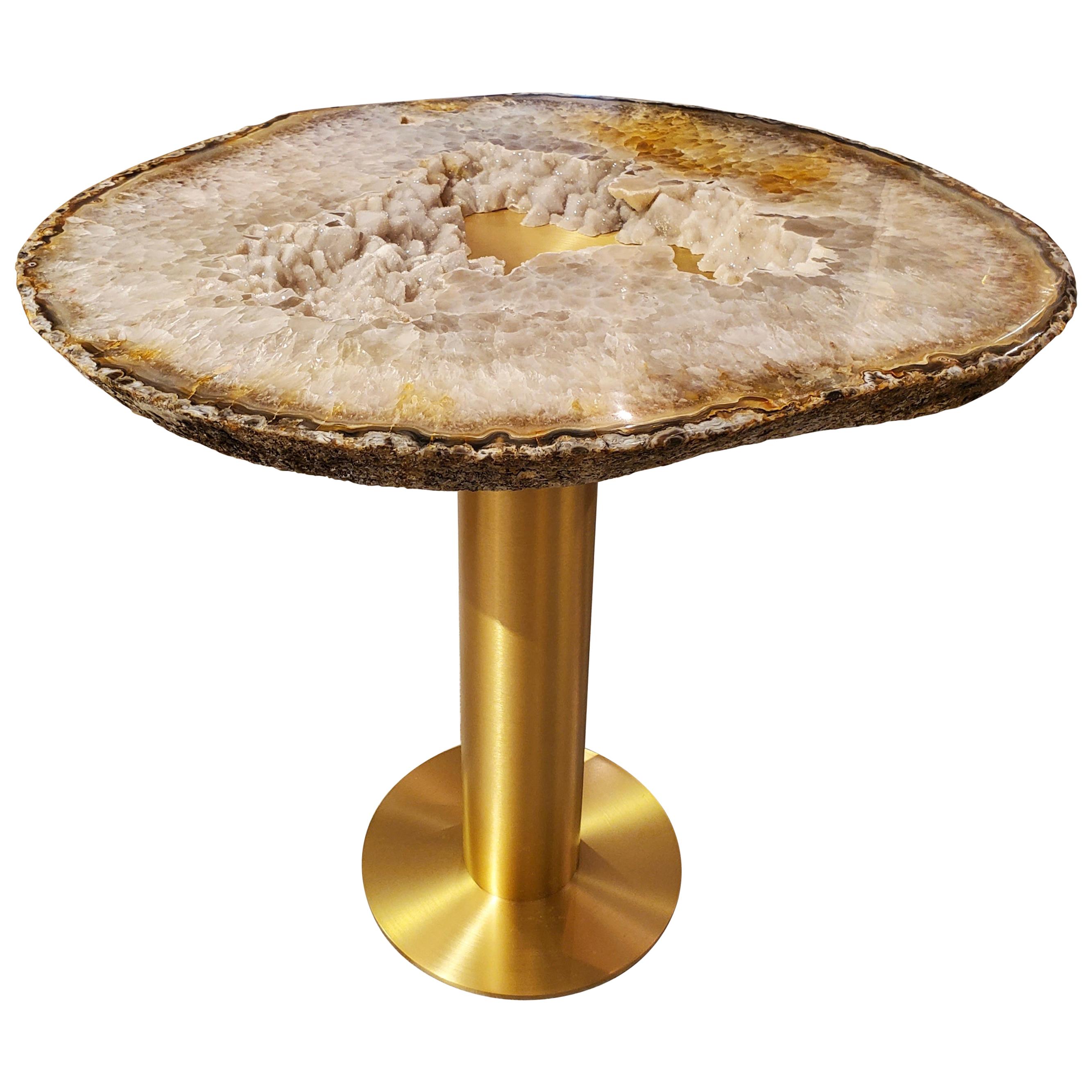 "Moonscape" White, Gray, Rust Agate Table on Custom Satin Brass Base by Amy Zook