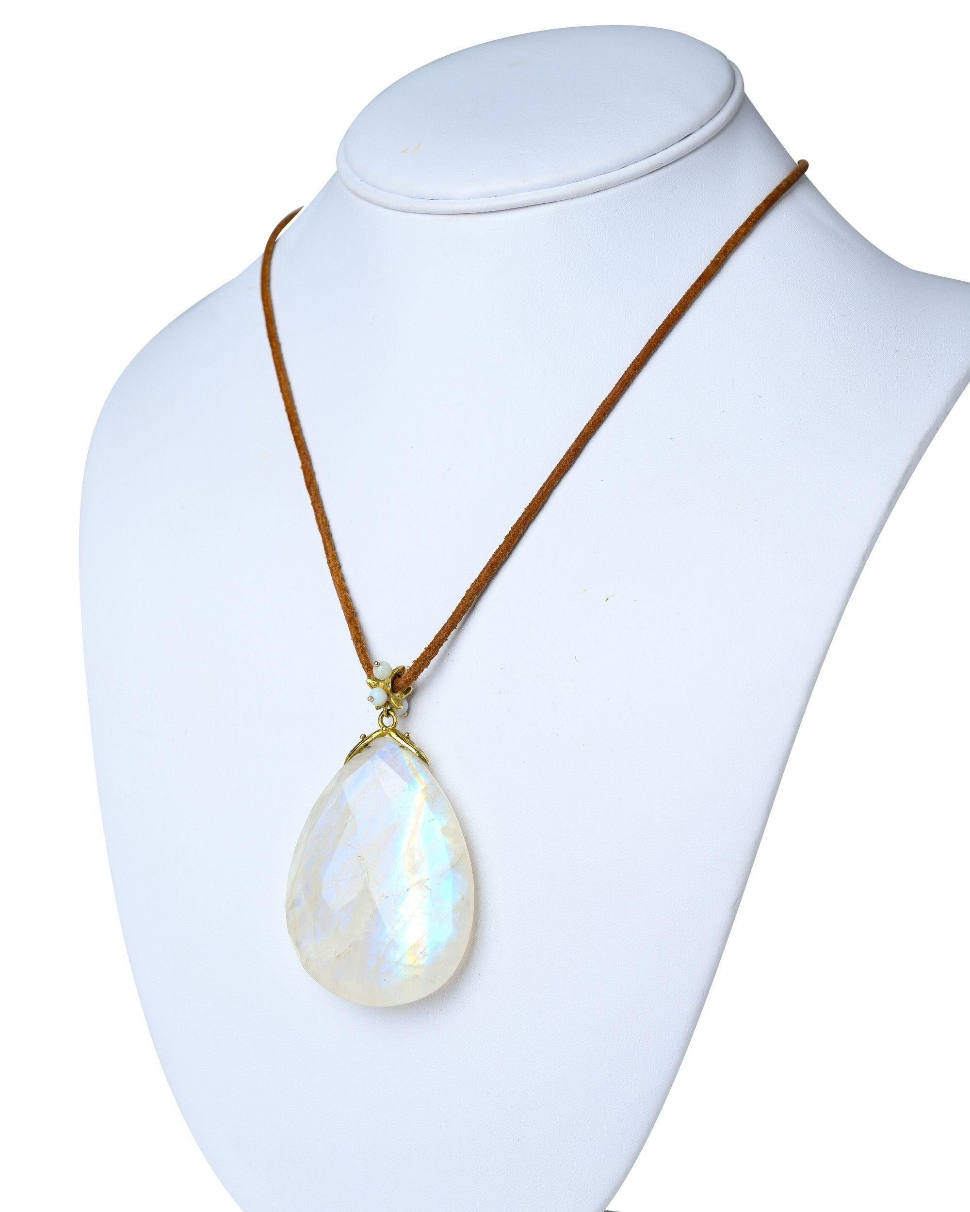 50x37x10mm thick faceted moonstone teardrop 18K double seed setting pendant w/18k opal bead bail on leather cord (approx 2