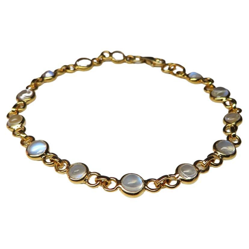 Moonstone Gold Bracelet Magic Blue Shimmer Cabochon Clear Gems Unisex For Sale